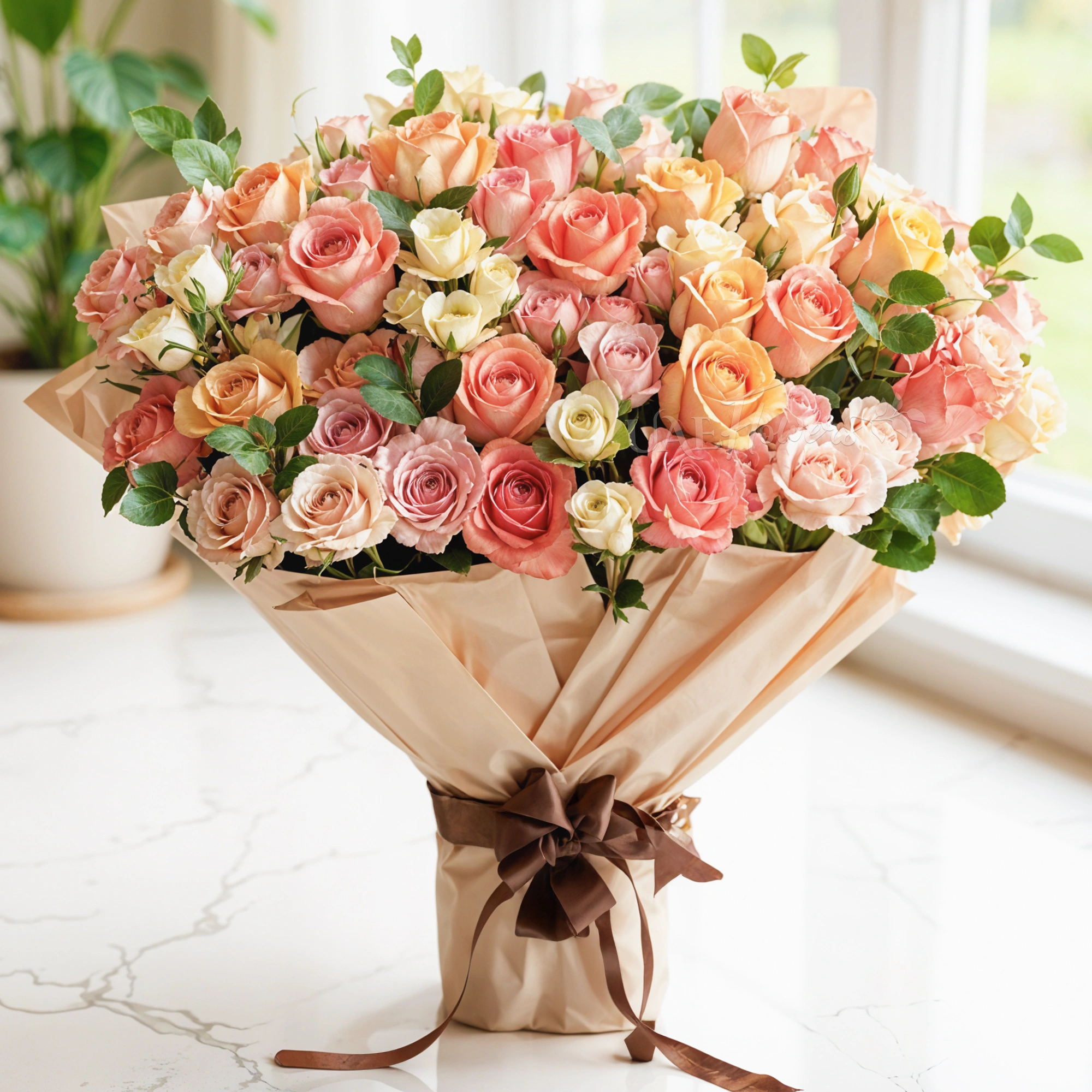 Bouquet of white and pink spray roses with pastel-colored roses and green fillers tied with elegant ribbons