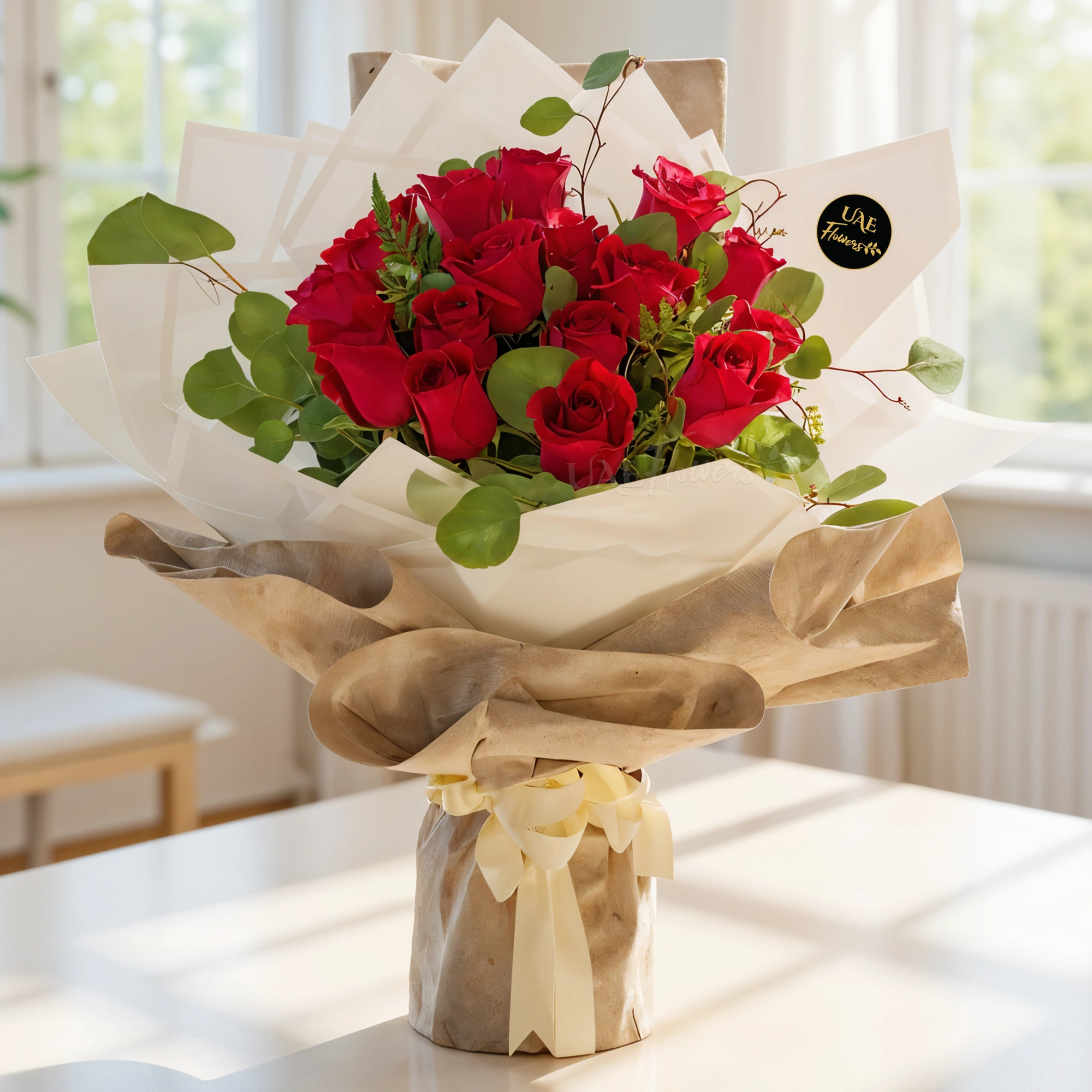 A bouquet of 12 red roses with green fillers wrapped in black and grey paper tied with red ribbons