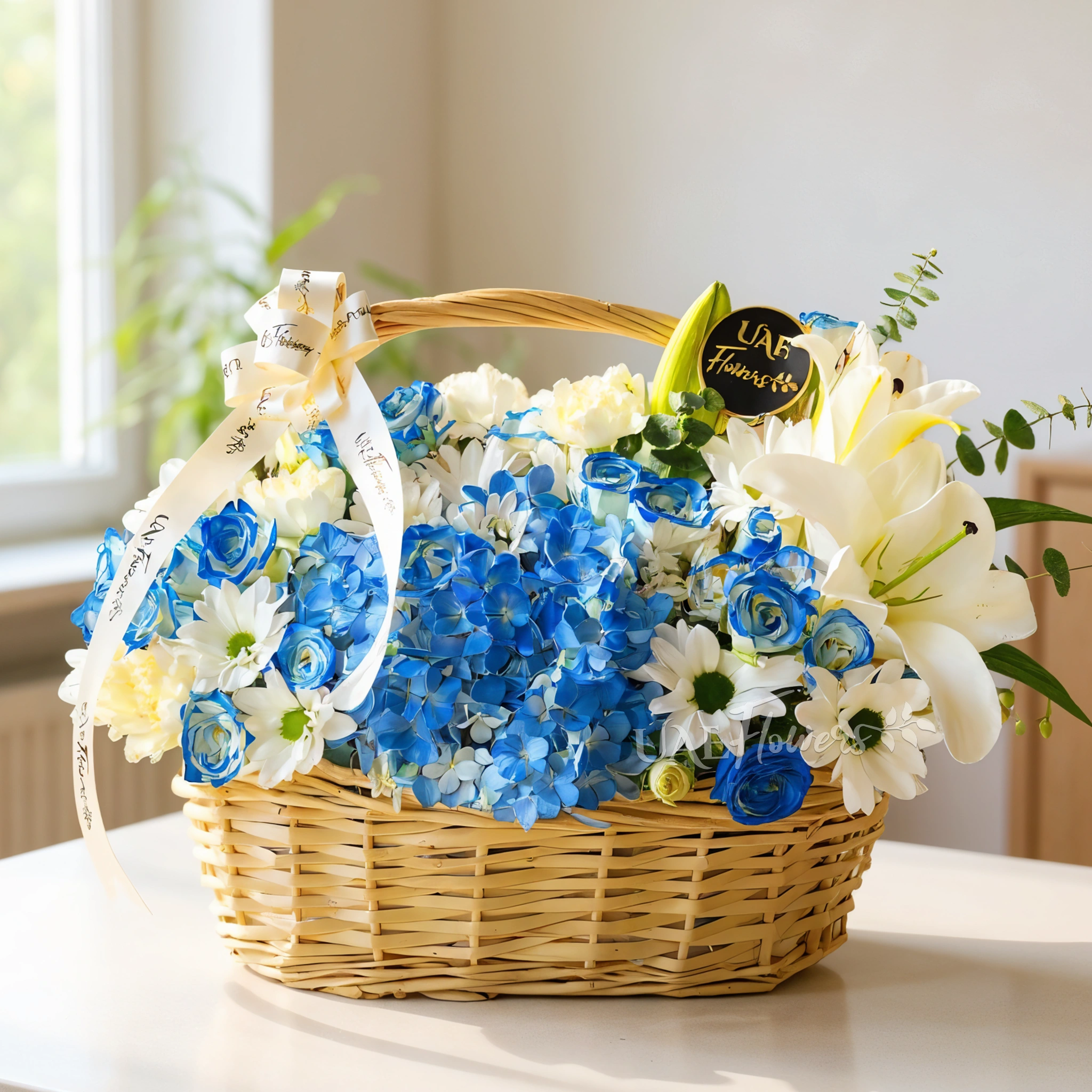 1 blue hydrangea, 1 Regan chic chrysanthemum, 6 white carnations, 15 blue sprayed roses