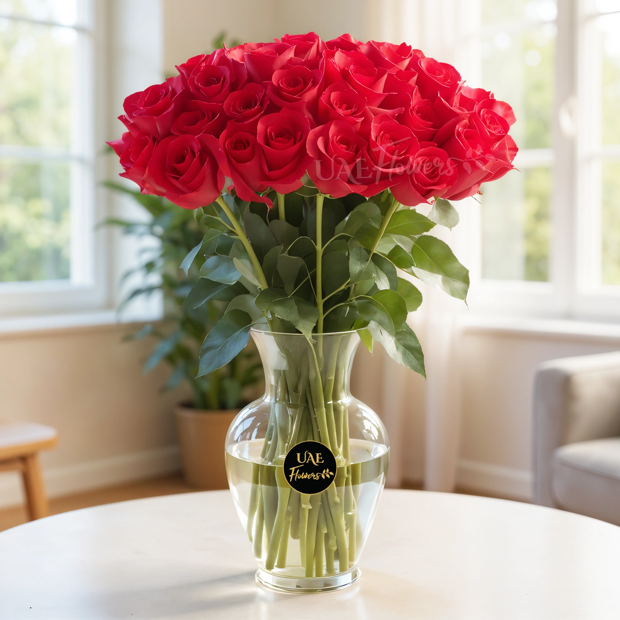 30 long red roses in a glass vase