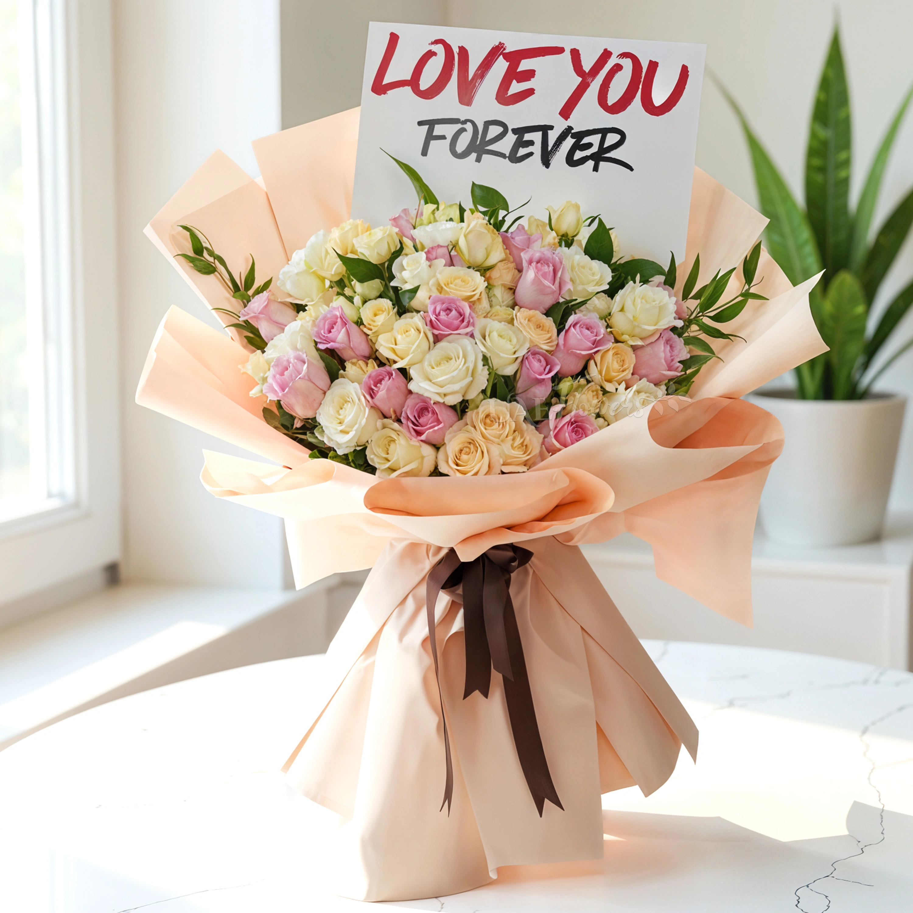 Bouquet of 40 pink, peach and white roses with greens in nice wrapping