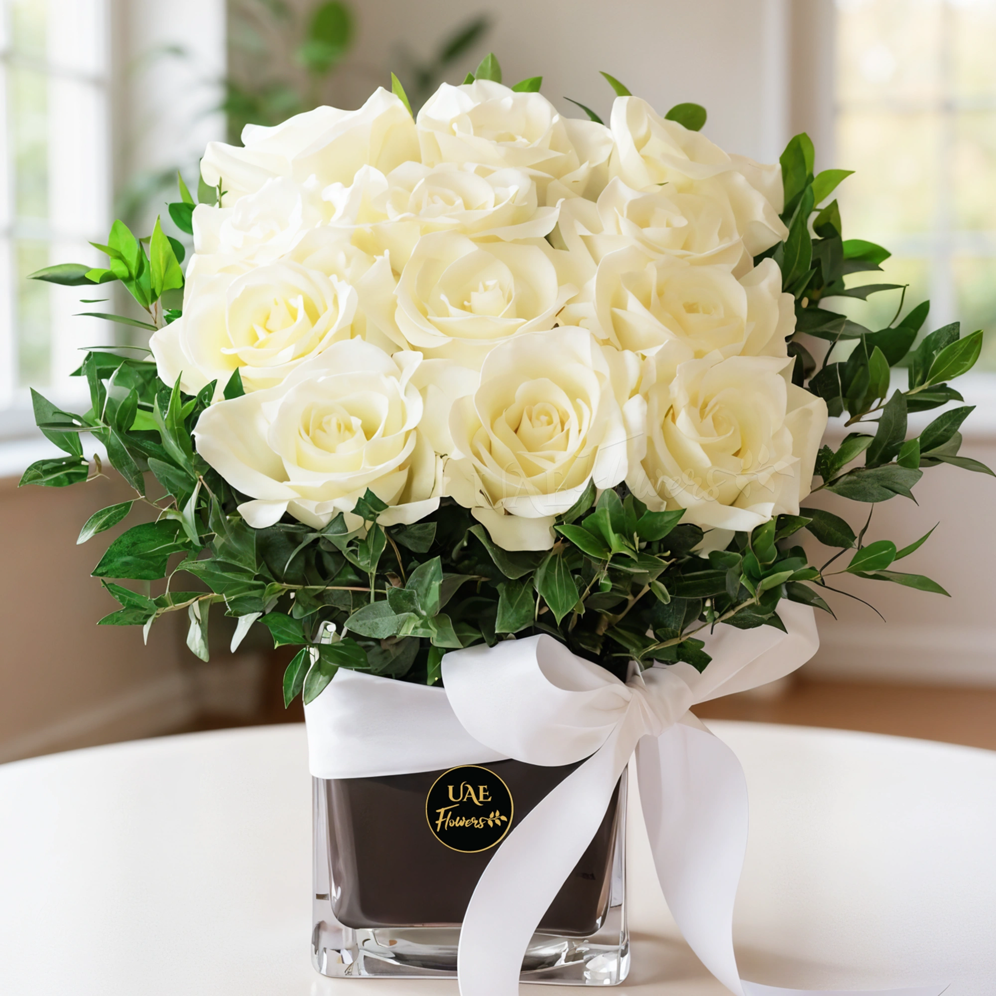 12 white roses with greens in a cube vase and tied with white ribbon