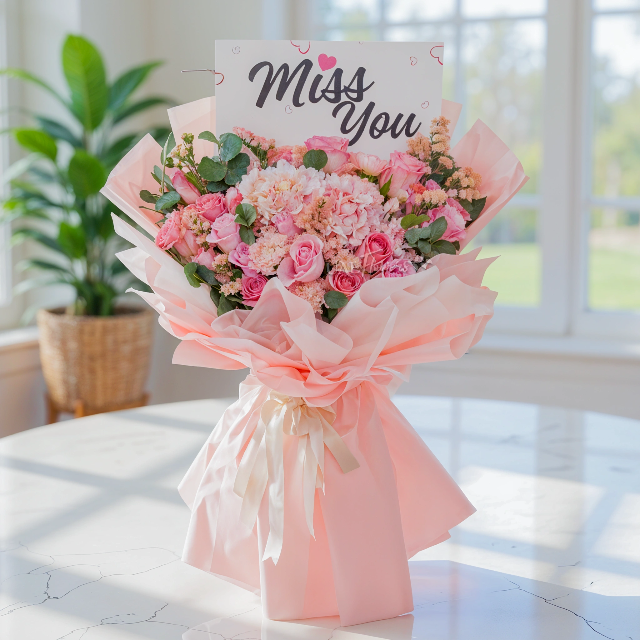Bouquet of 10 pink roses, 2 pink hydrangeas, 5 pink carnations, pink statis with greens.