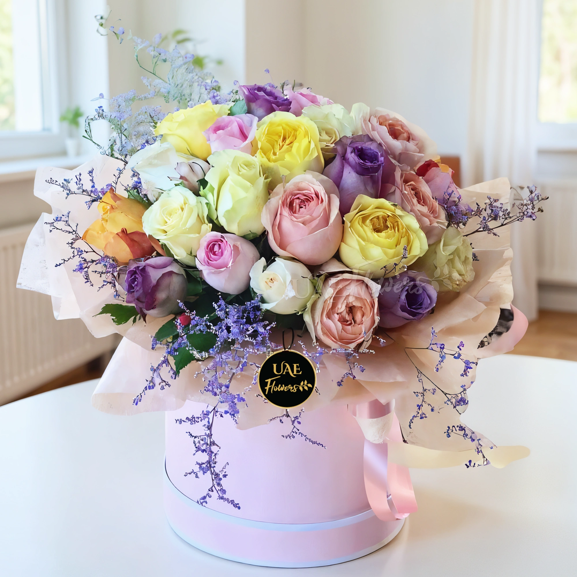 20 mix color roses with fillers in a round box