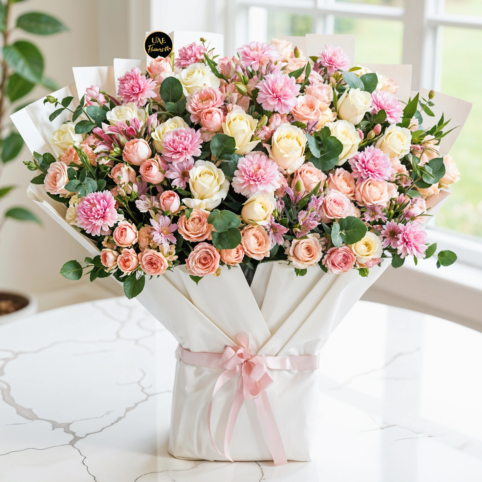 10 white roses, 10 pink carnations, 10 pink alstroemeria