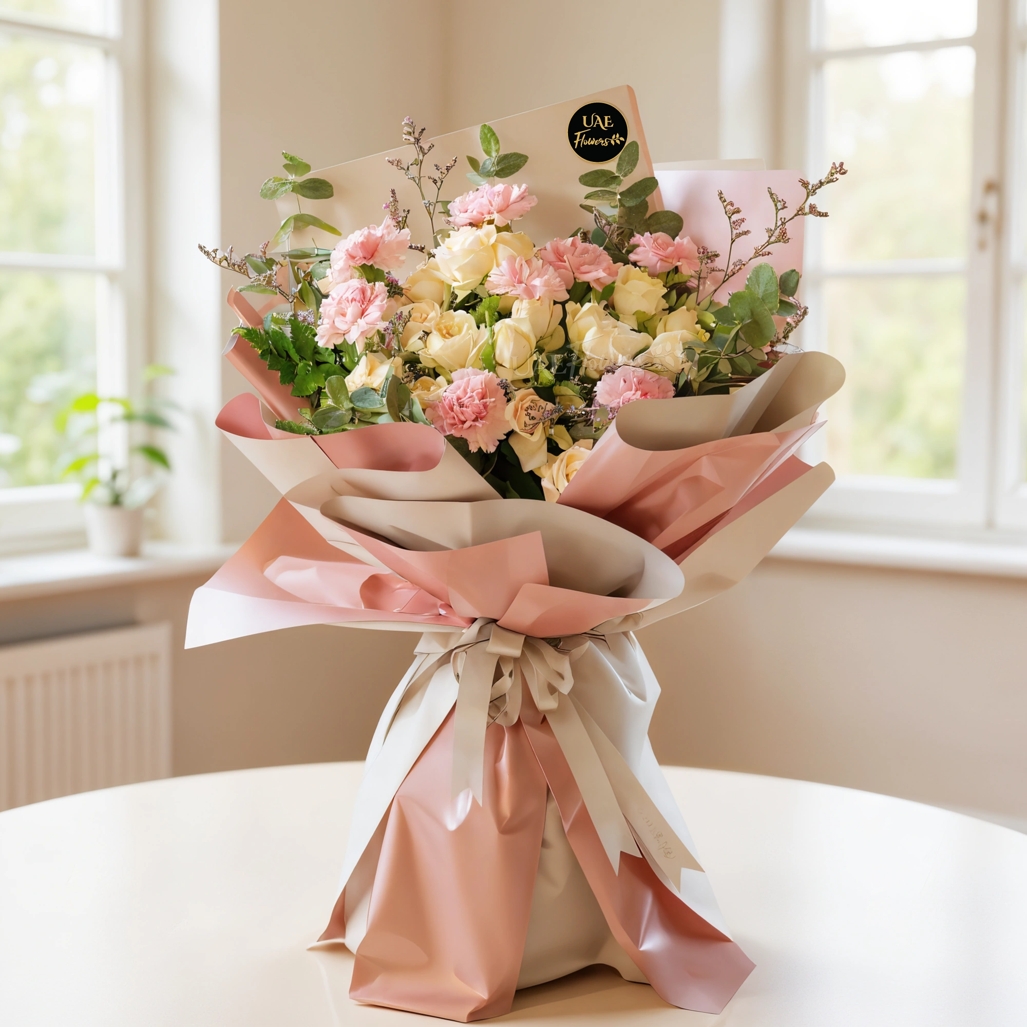 bouquet with 8 soft pink carnations and 5 peach spray roses