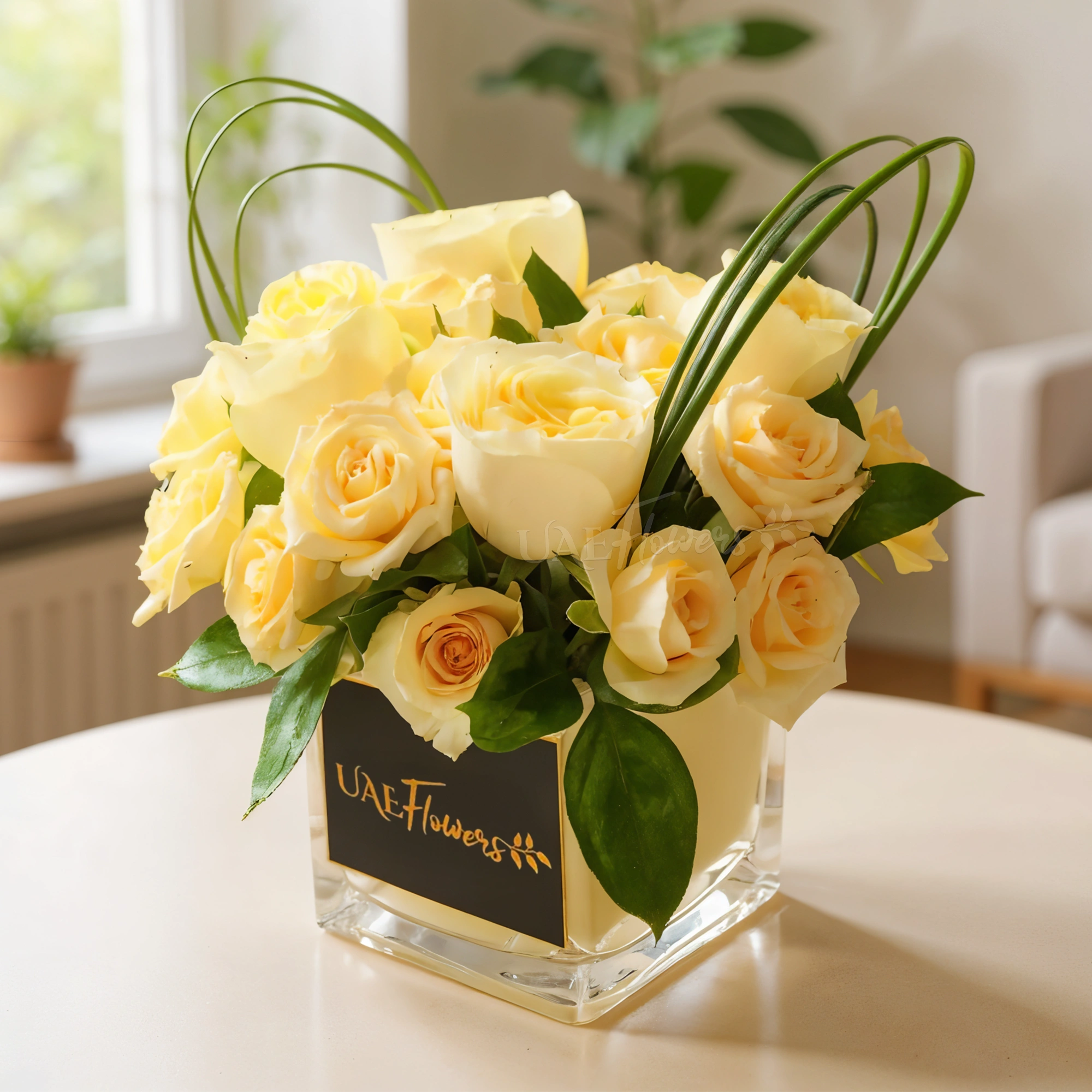 4 peach roses, 3 peach spray roses, green fillers, and steel grass