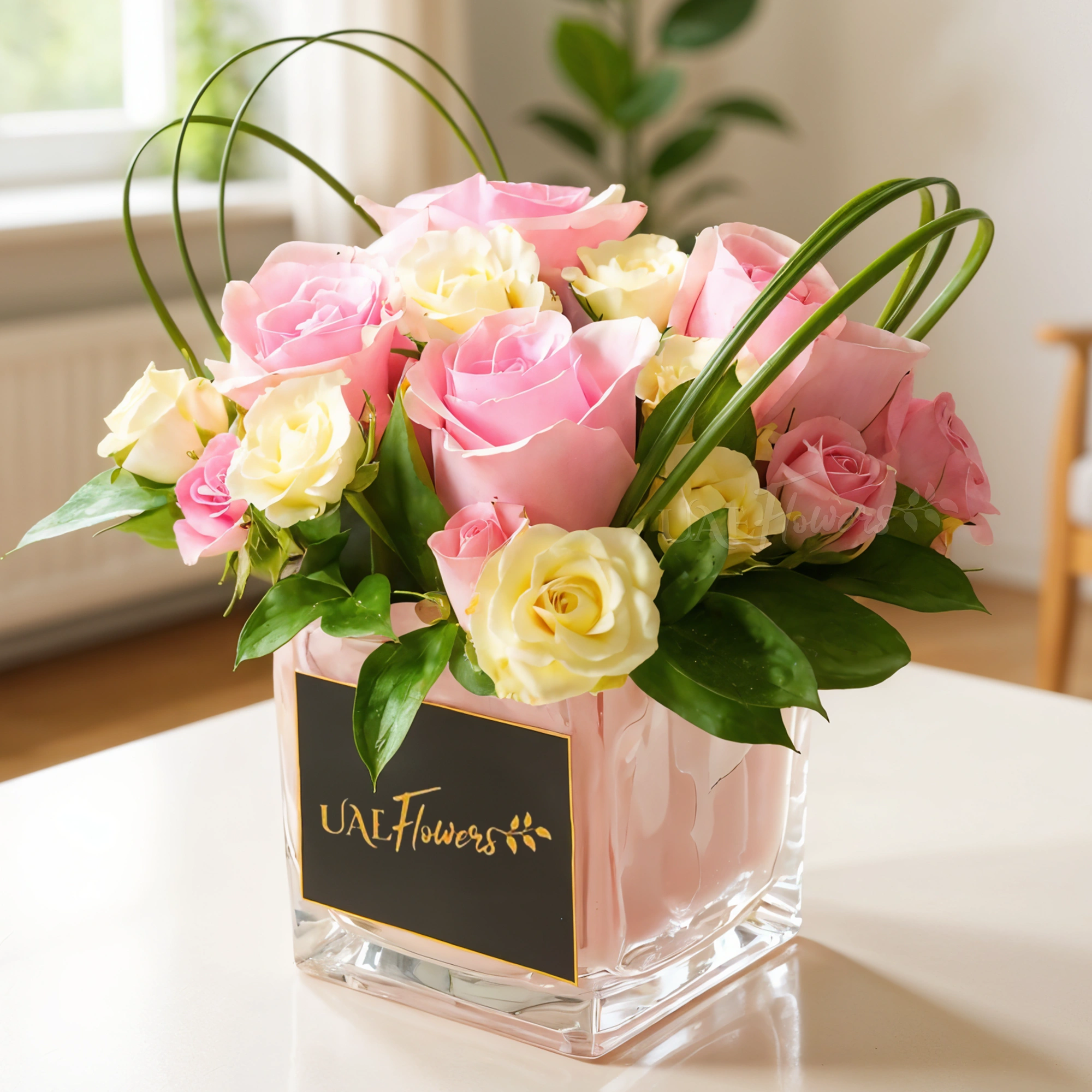 4 pink roses and 2 pink and white spray roses