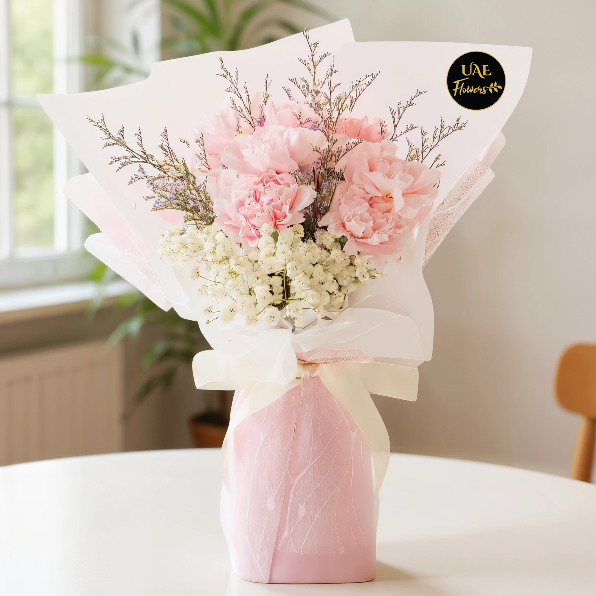A bouquet of 10 pink carnation with baby breath and limonium fillers in pink wrapping paper tied with white ribbon