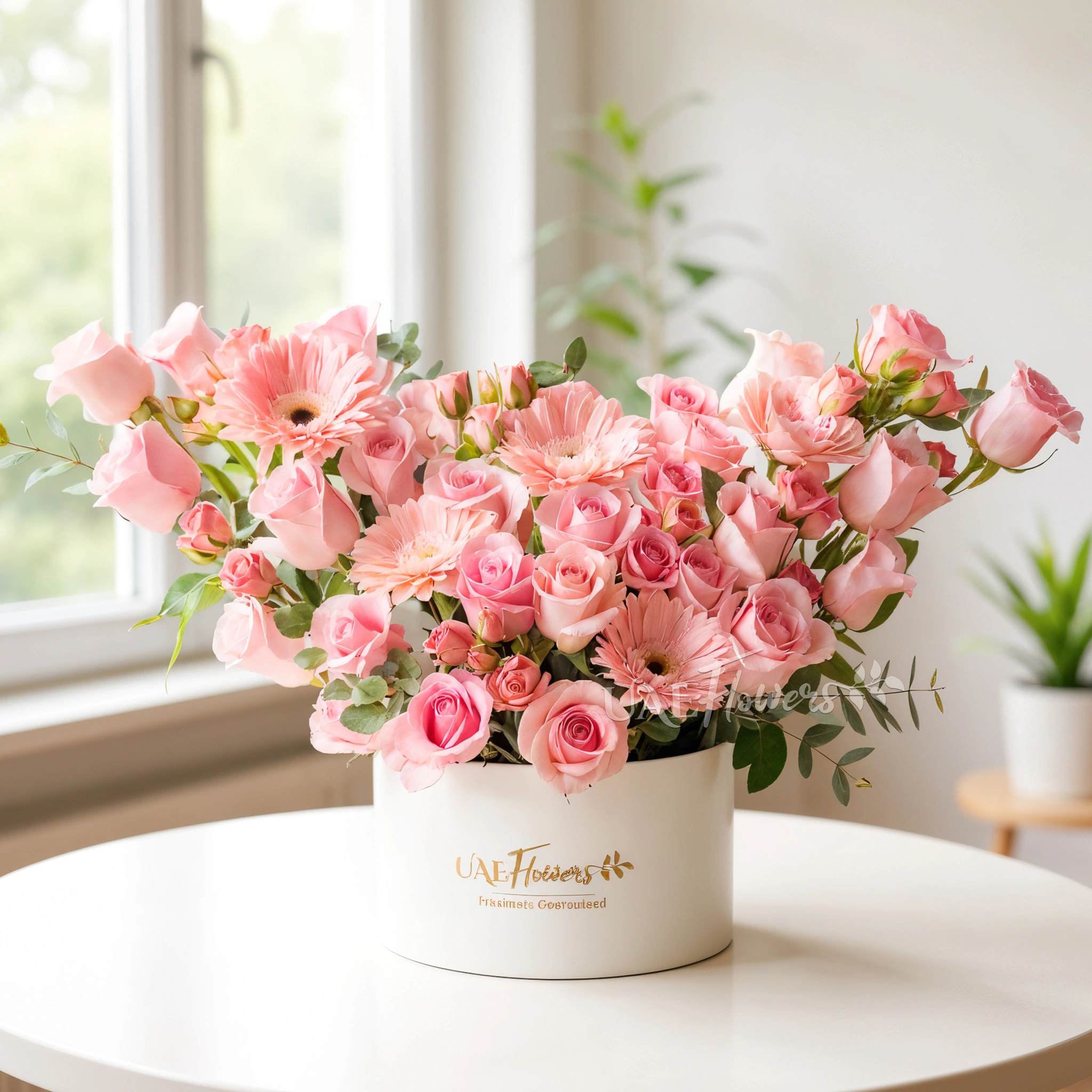 A box arrangement of 5 pink gerberas, 20 pink roses and 3 pink spray roses with green fillers.