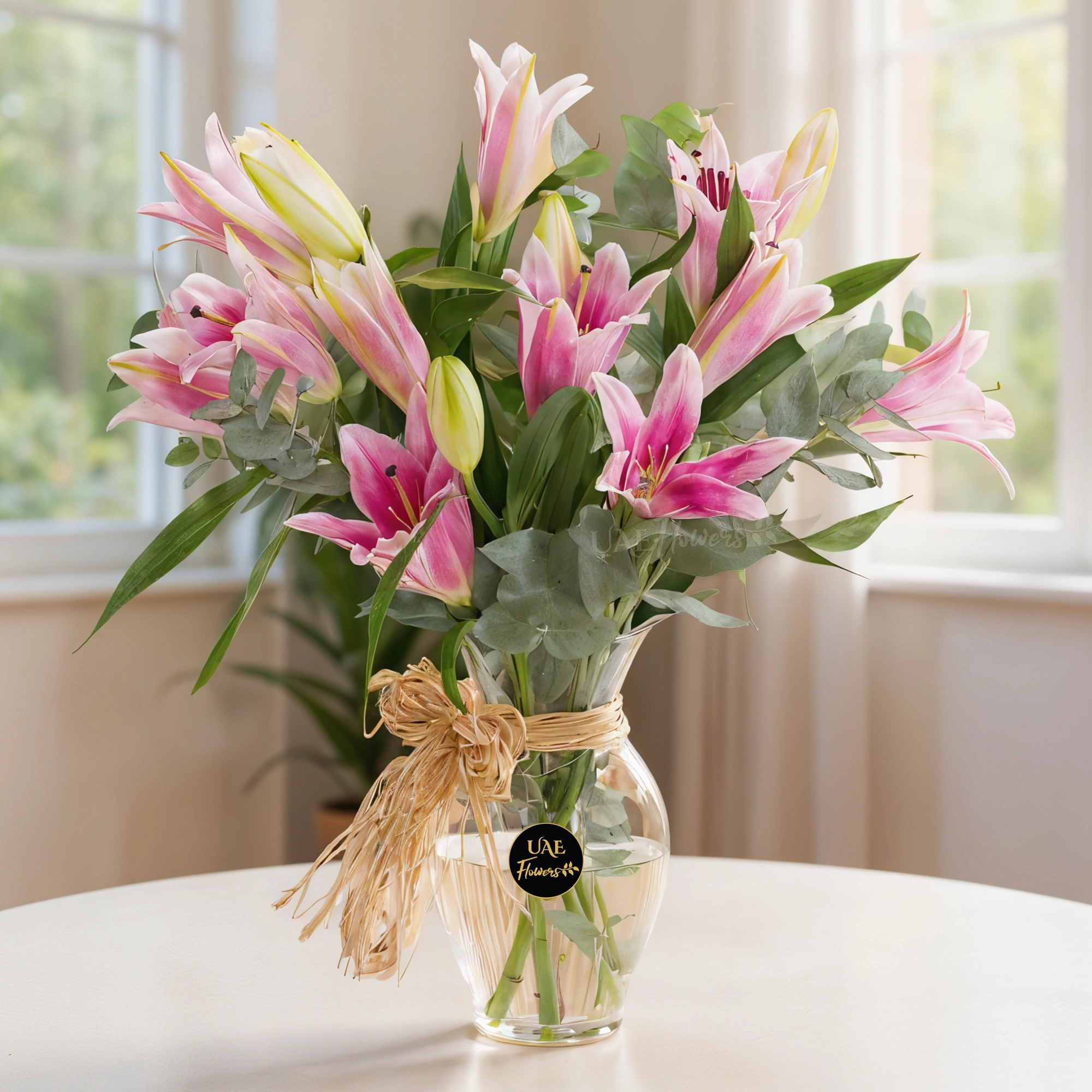 5 pink lilies with fillers in a glass vase