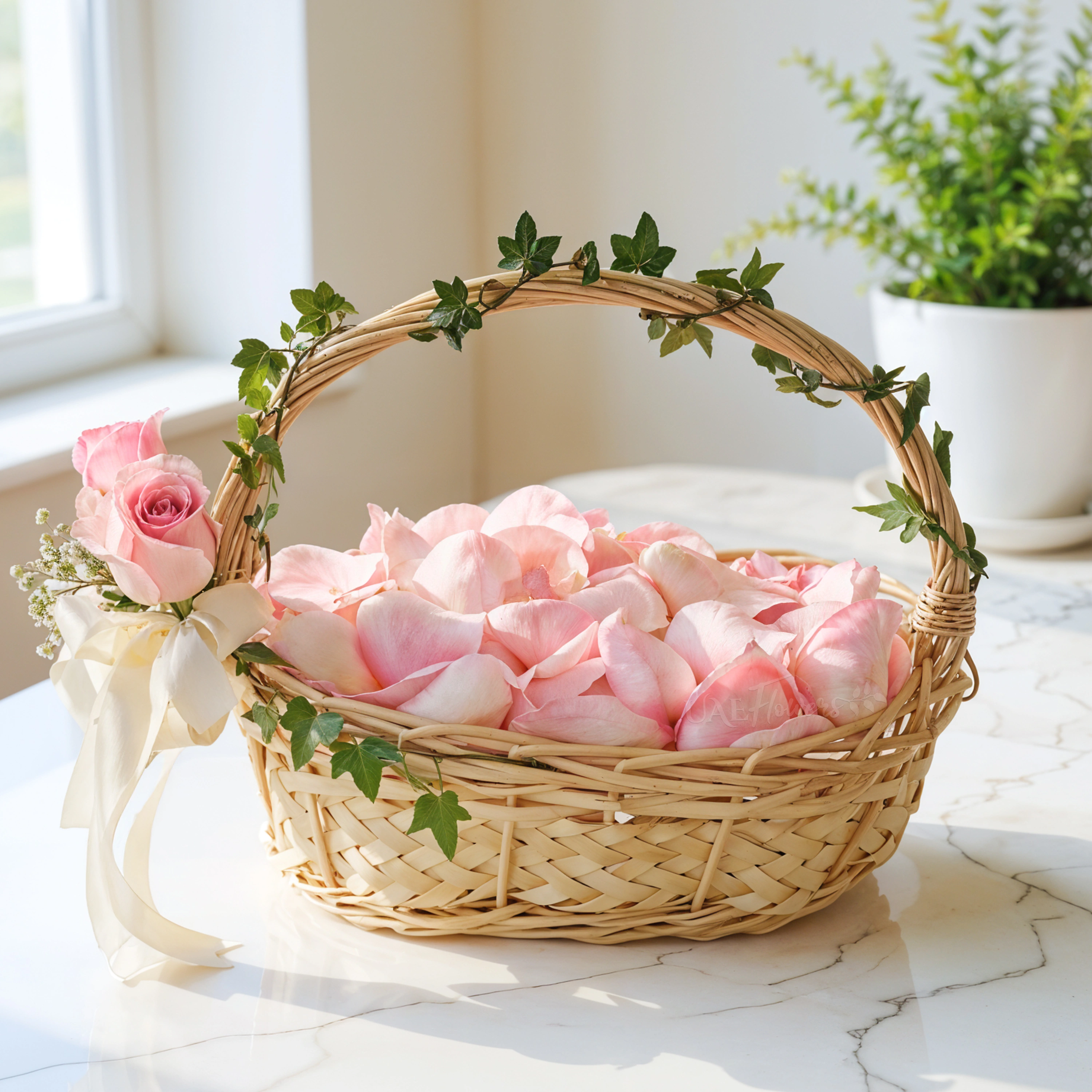 small basket of fresh pink rose petals