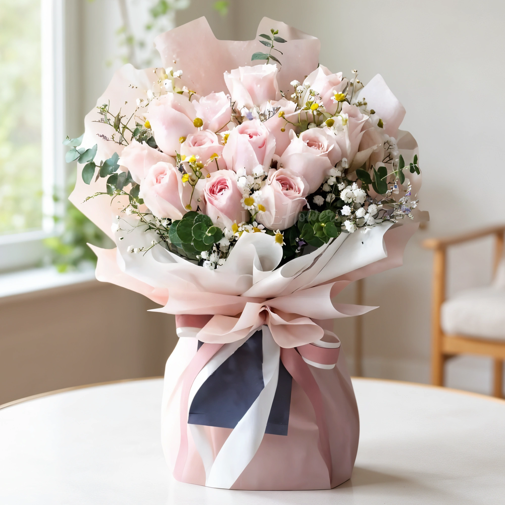 A bouquet of 12 pink roses with fillers in pink wrapping paper tied with pink ribbon