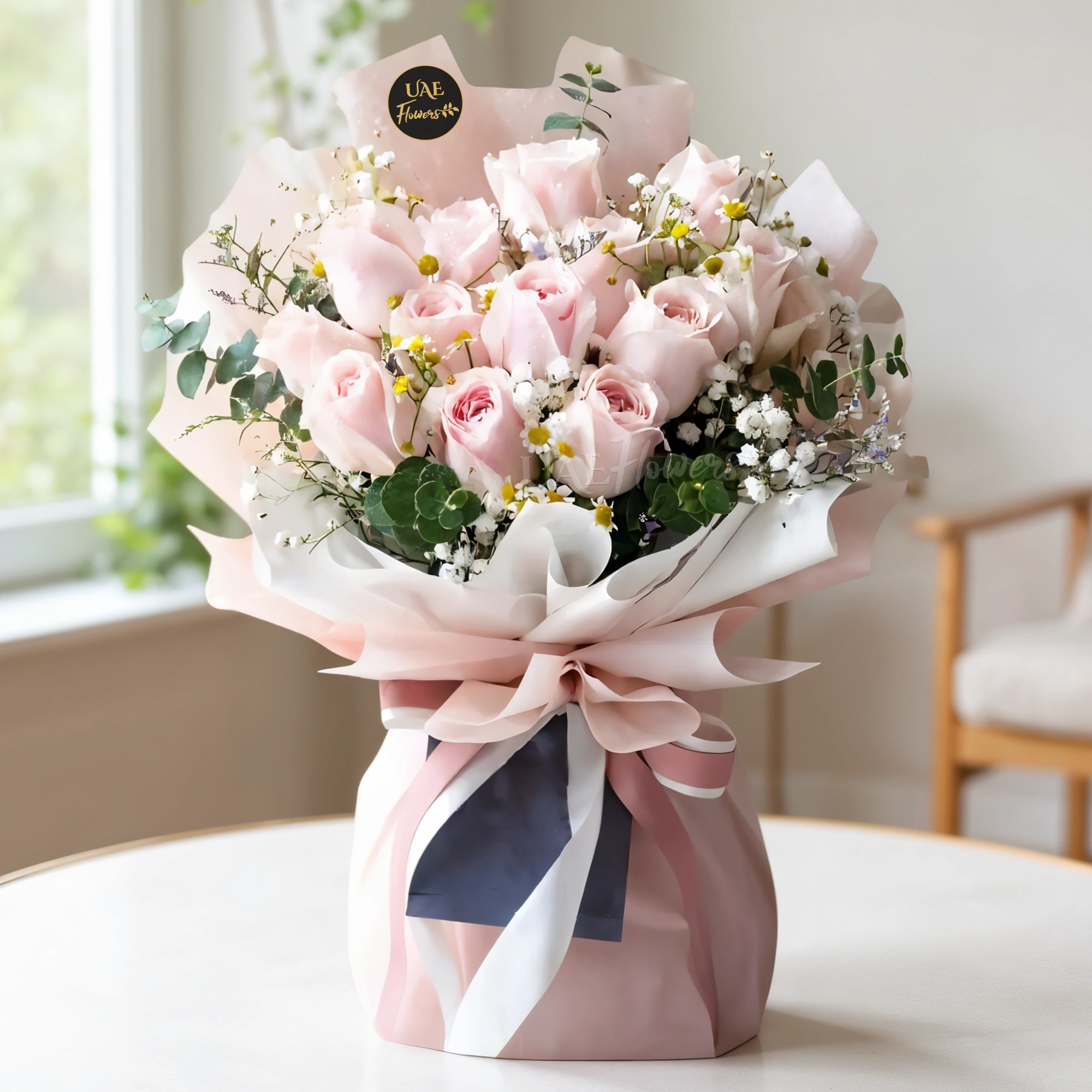 A bouquet of 12 pink roses with fillers in pink wrapping paper tied with pink ribbon