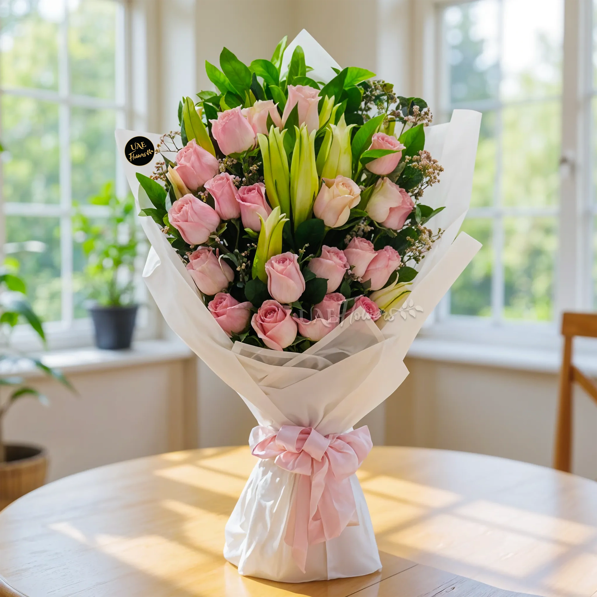 A bouquet of 20 long stemmed pink roses paired with 4 white lilies in premium white wrapping paper finished off with a pink ribbon
