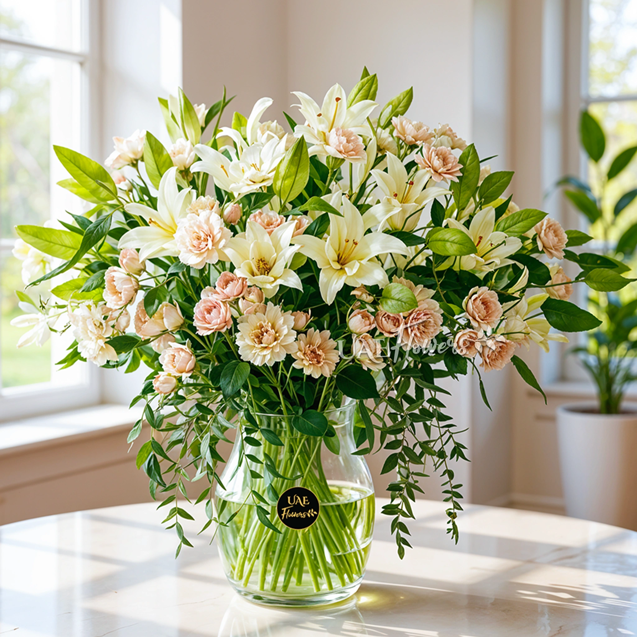 10 white lilies, 20 pink carnations, and 20 pink spray roses