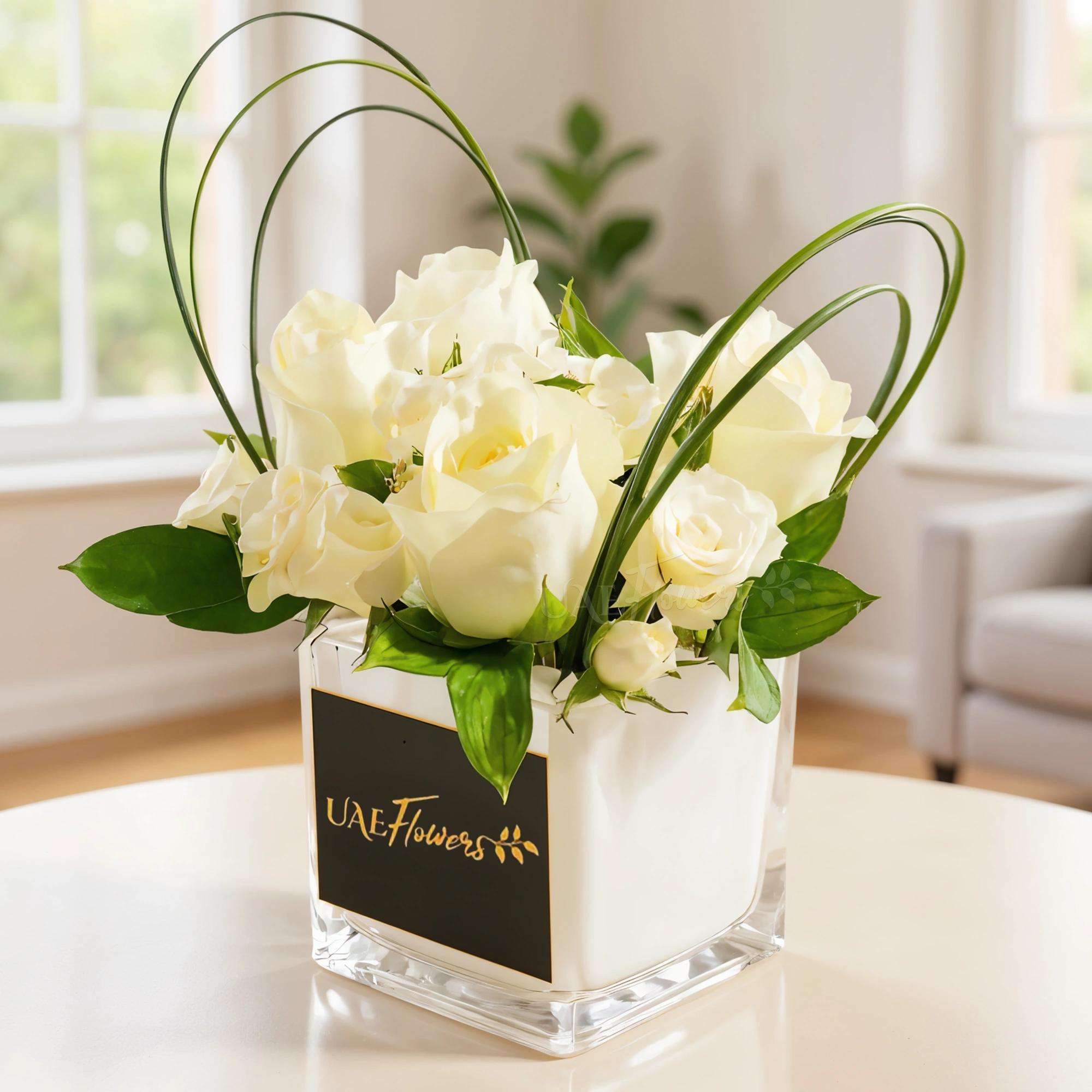 4 white roses and 2 white spray roses