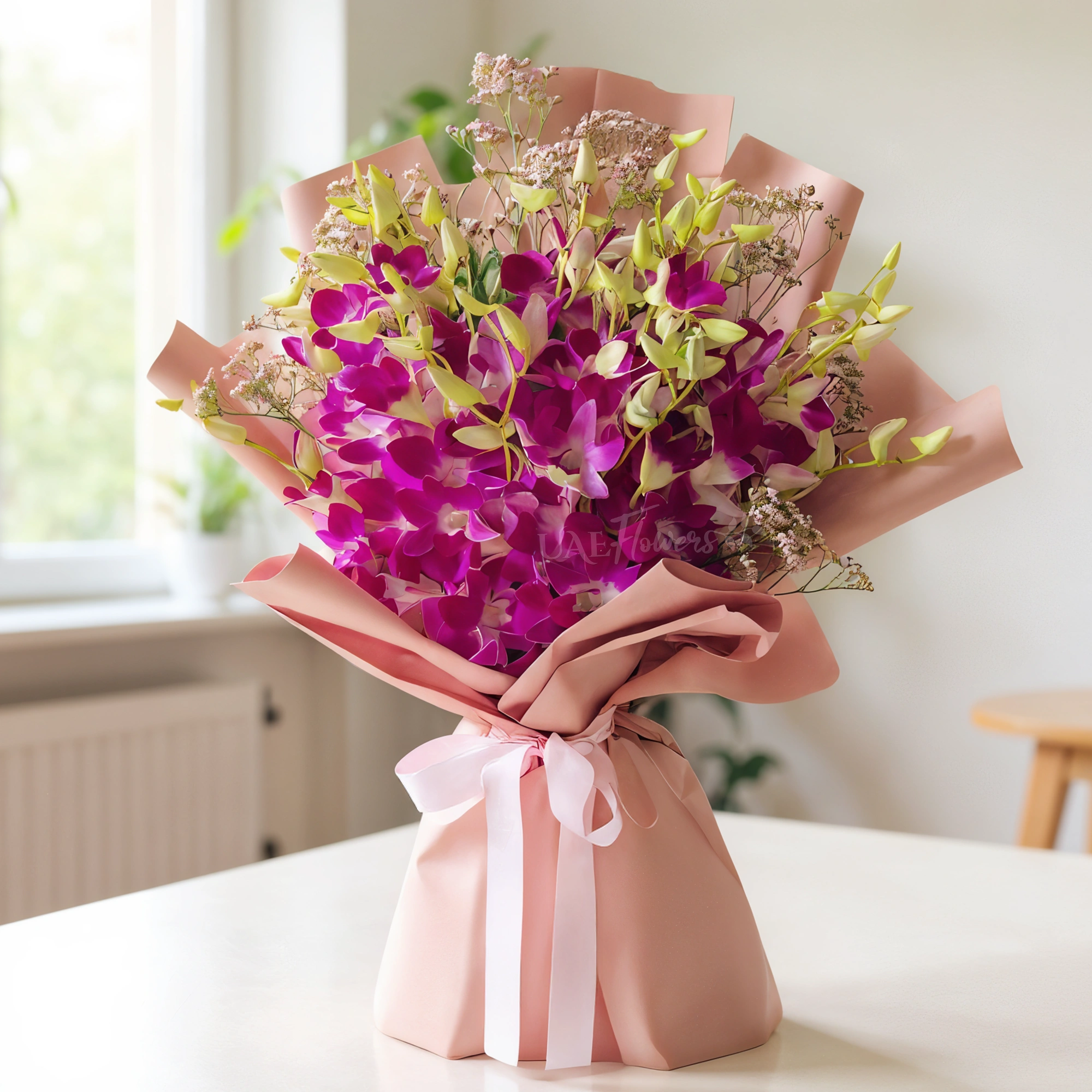 A bouquet of 20 purple orchids in pink wrapping paper tied with a pink ribbon