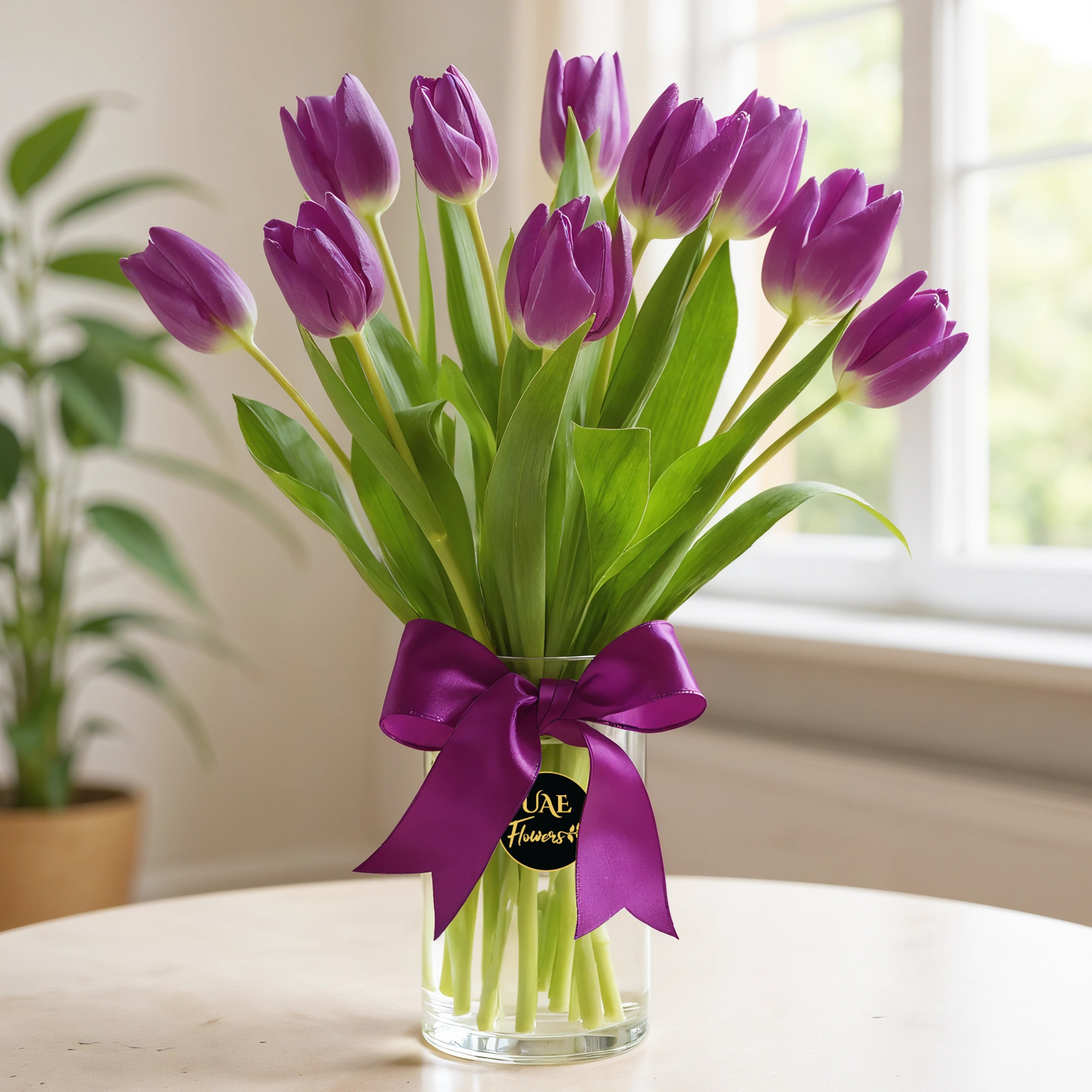 A bouquet of 10 purple tulips tied with a purple ribbon