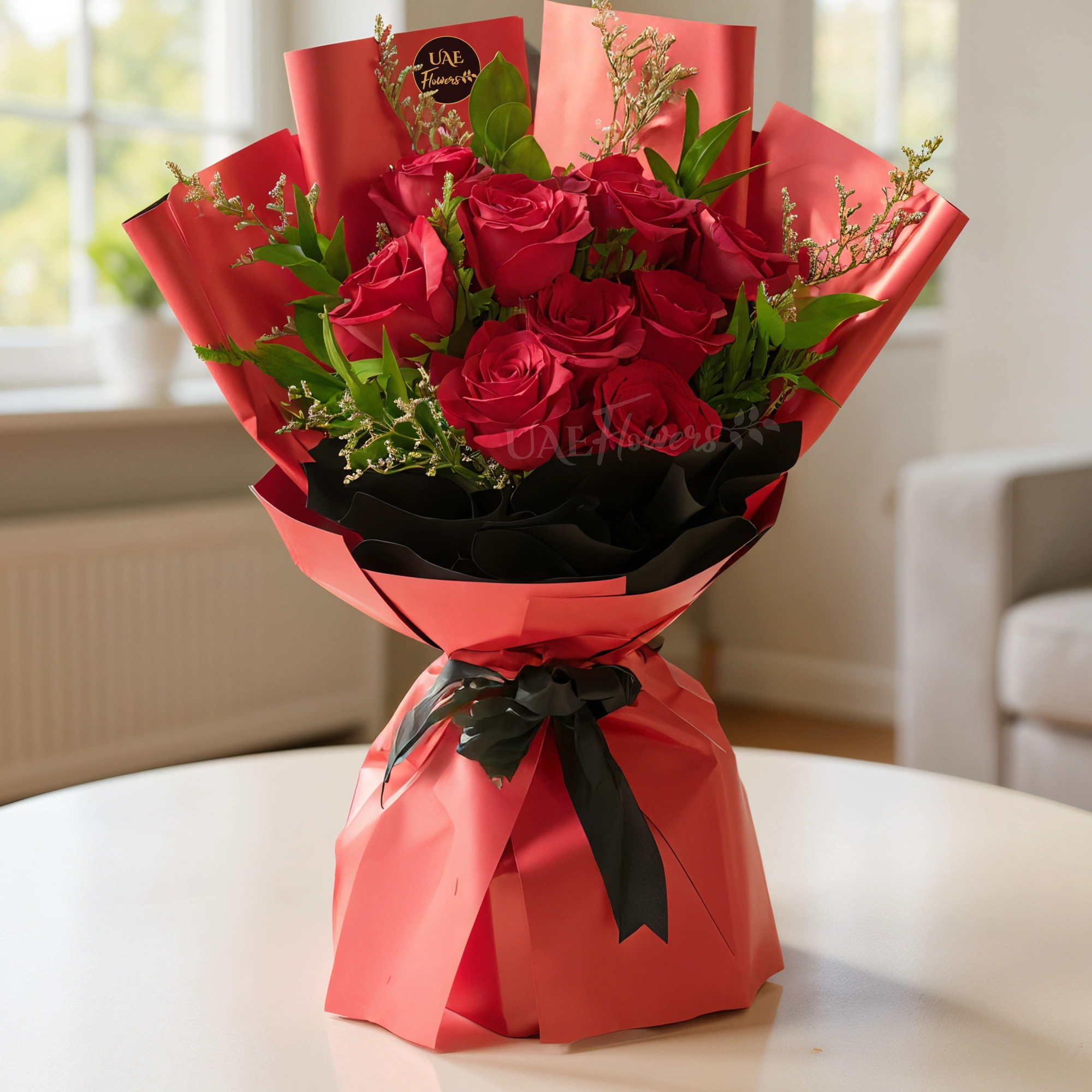 bouquet of 9 red roses with green fillers in paper packing, tied with elegant black ribbon.