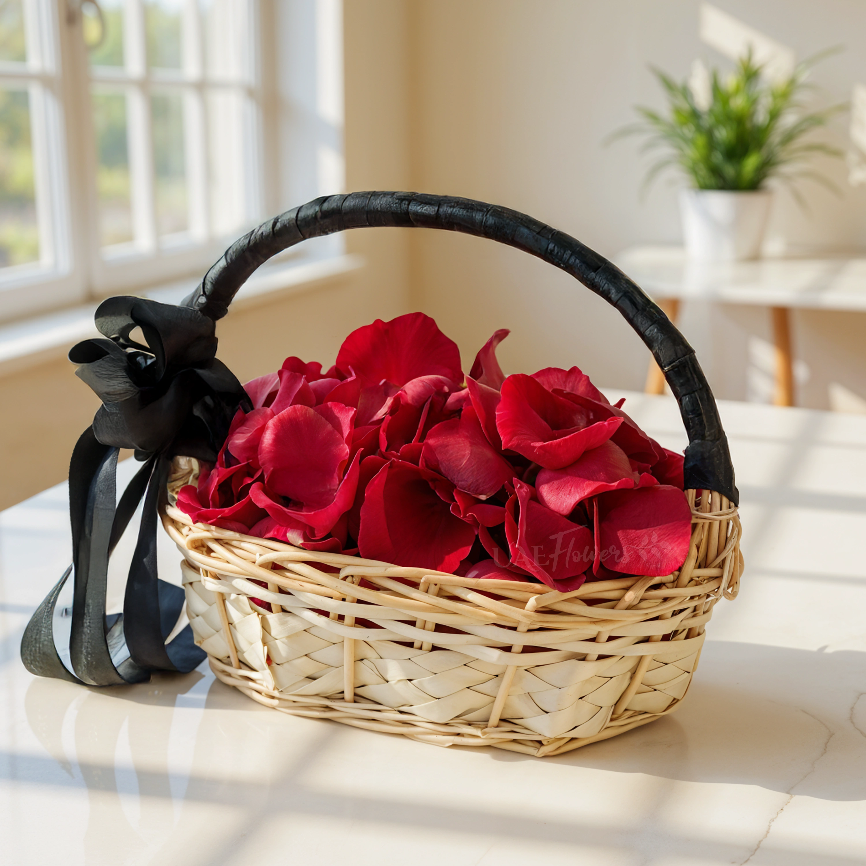 red rose petals arranged in a handled basket