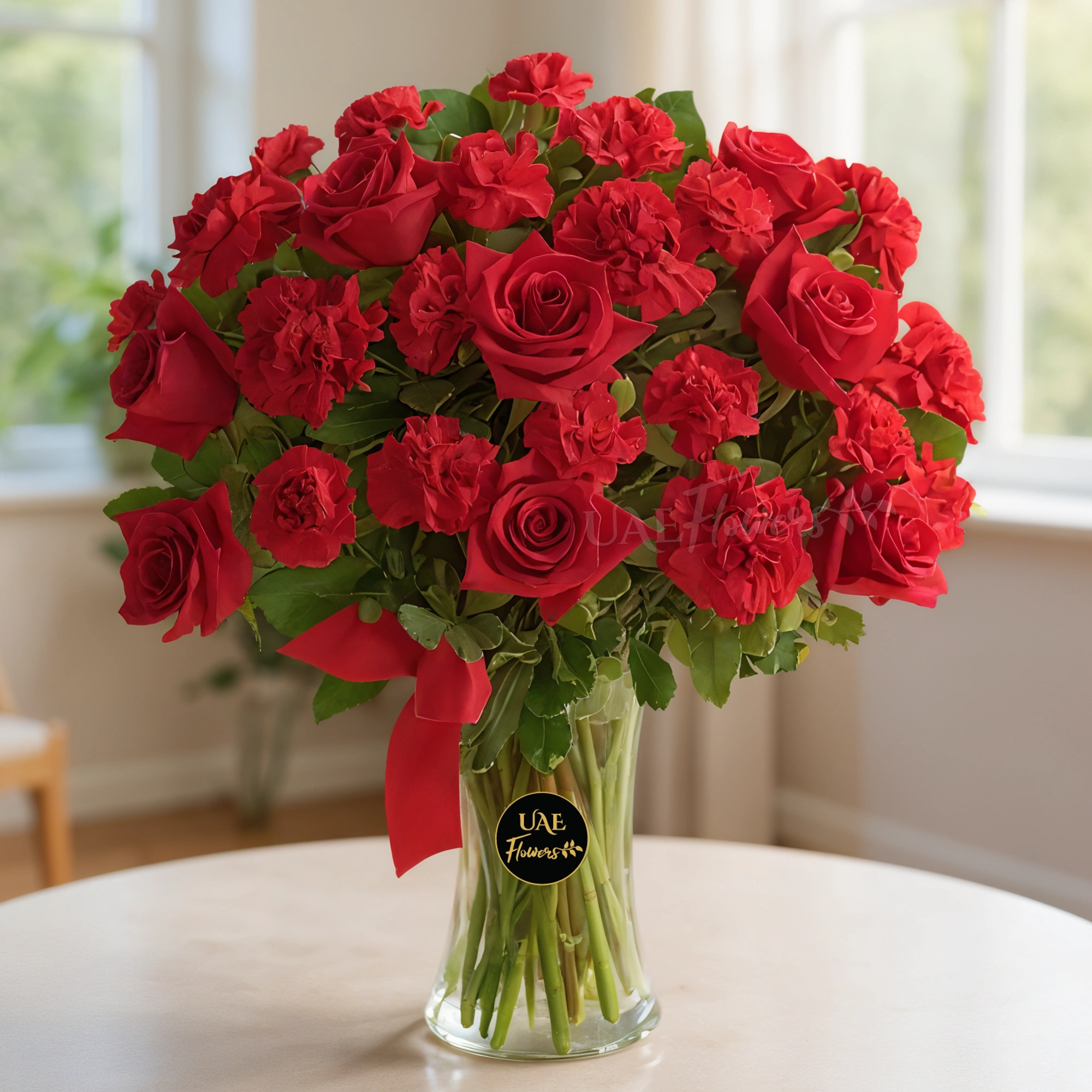 10 red roses & 10 red carnation with red ribbon in a glass vase