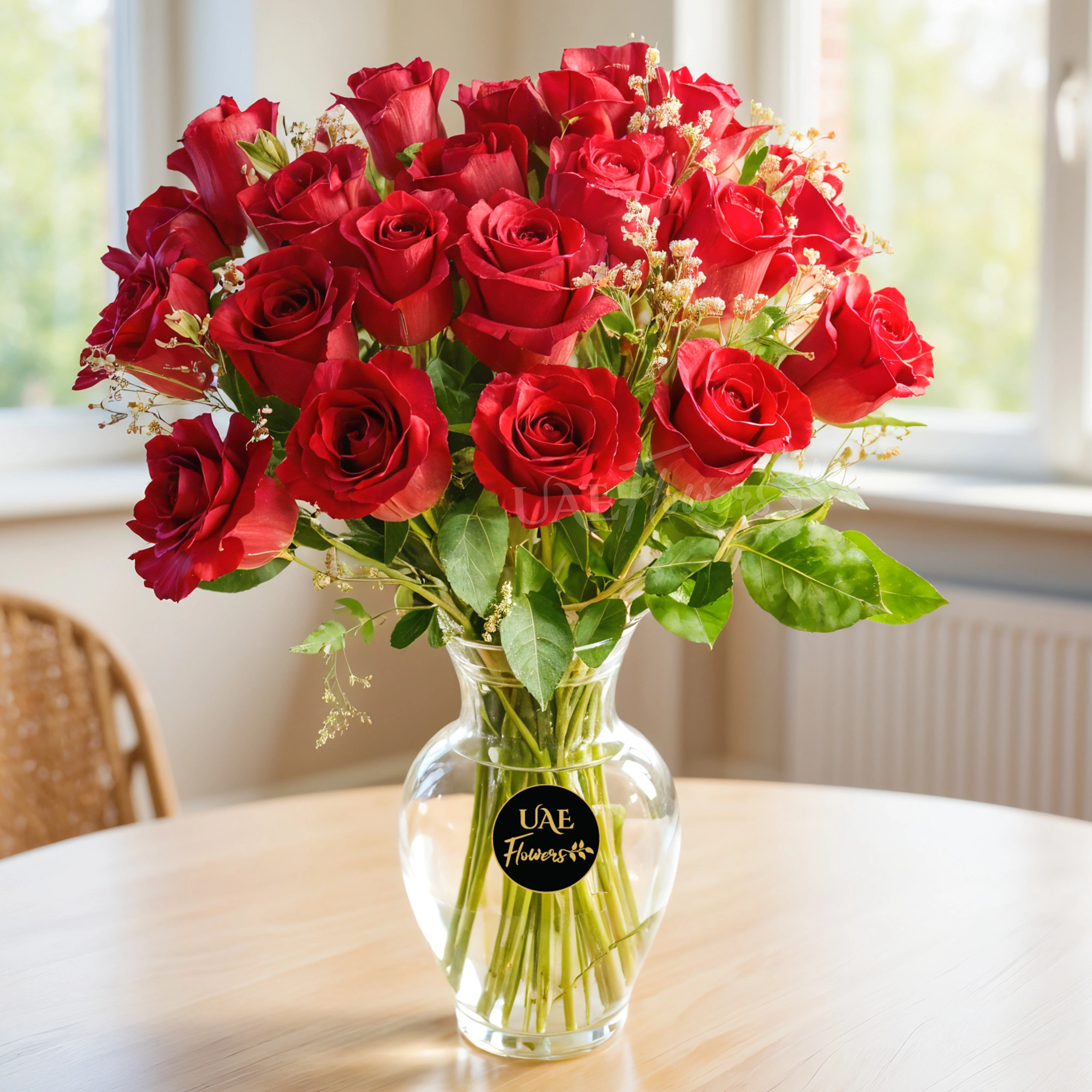 20 red roses in a glass vase