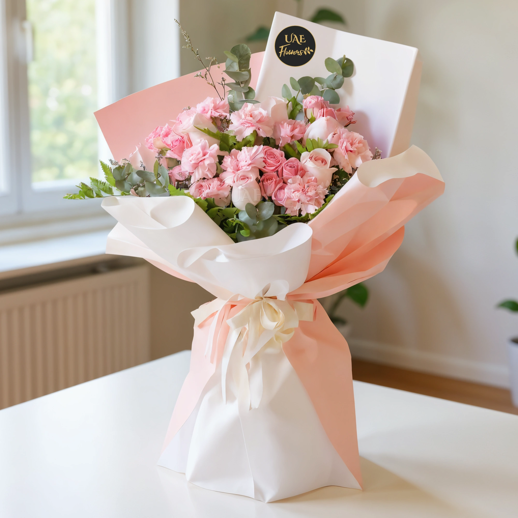 bouquet with 5 pink roses, 7 carnations, and 4 pink spray roses. Wrapped in paper with ribbons and green fillers.