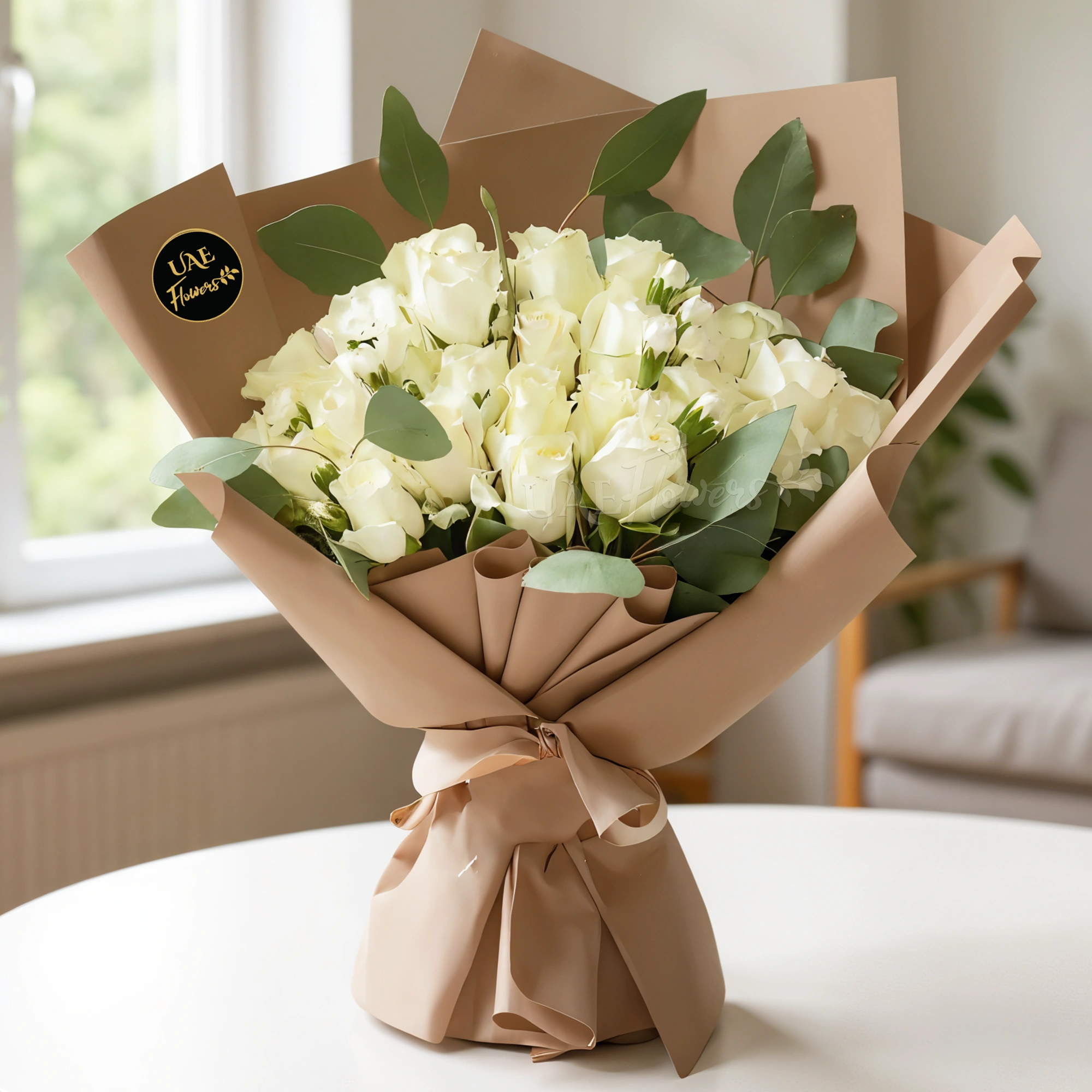 A bouquet of 20 white roses with green fillers in brown wrapping paper tied with brown ribbon