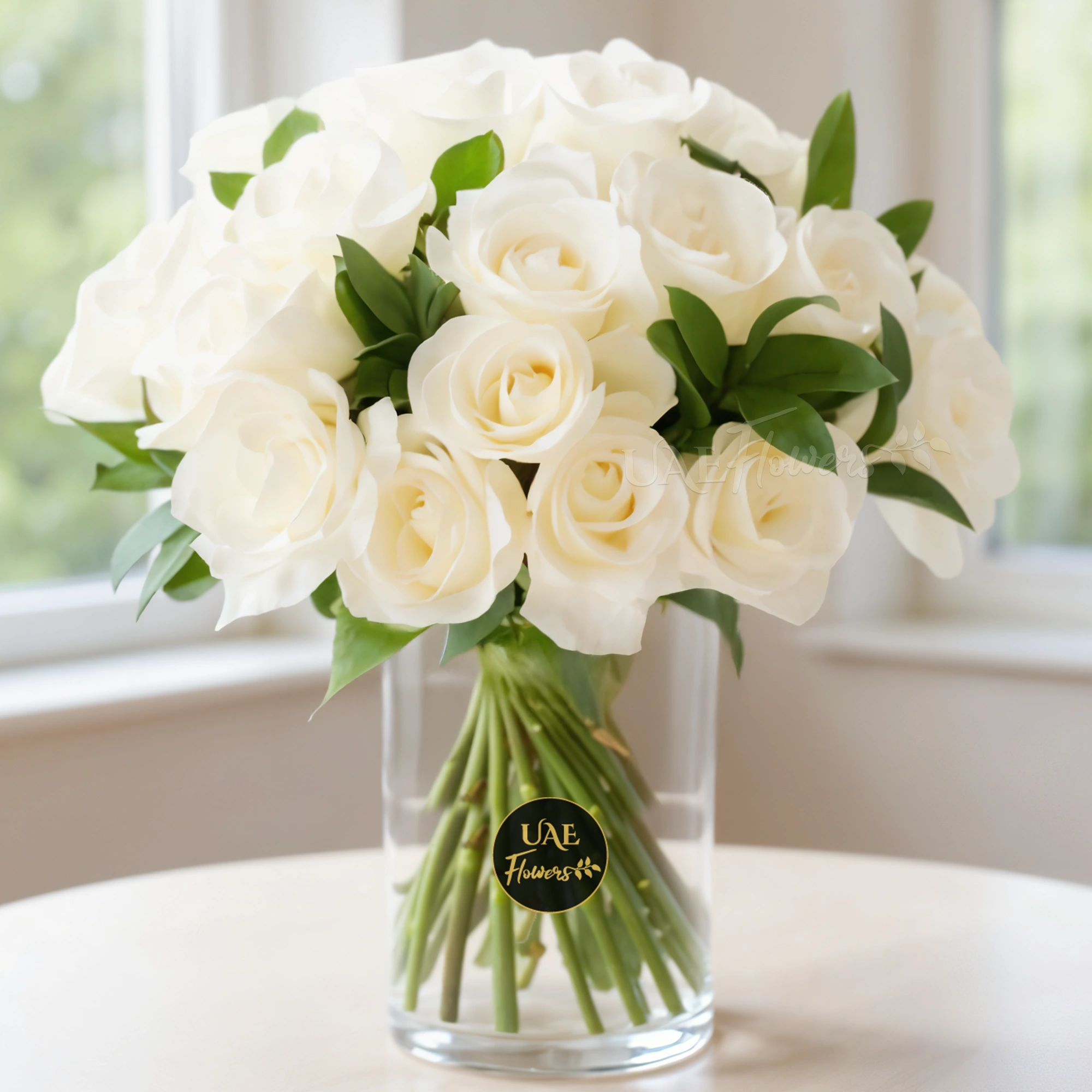 20 white roses in a glass vase