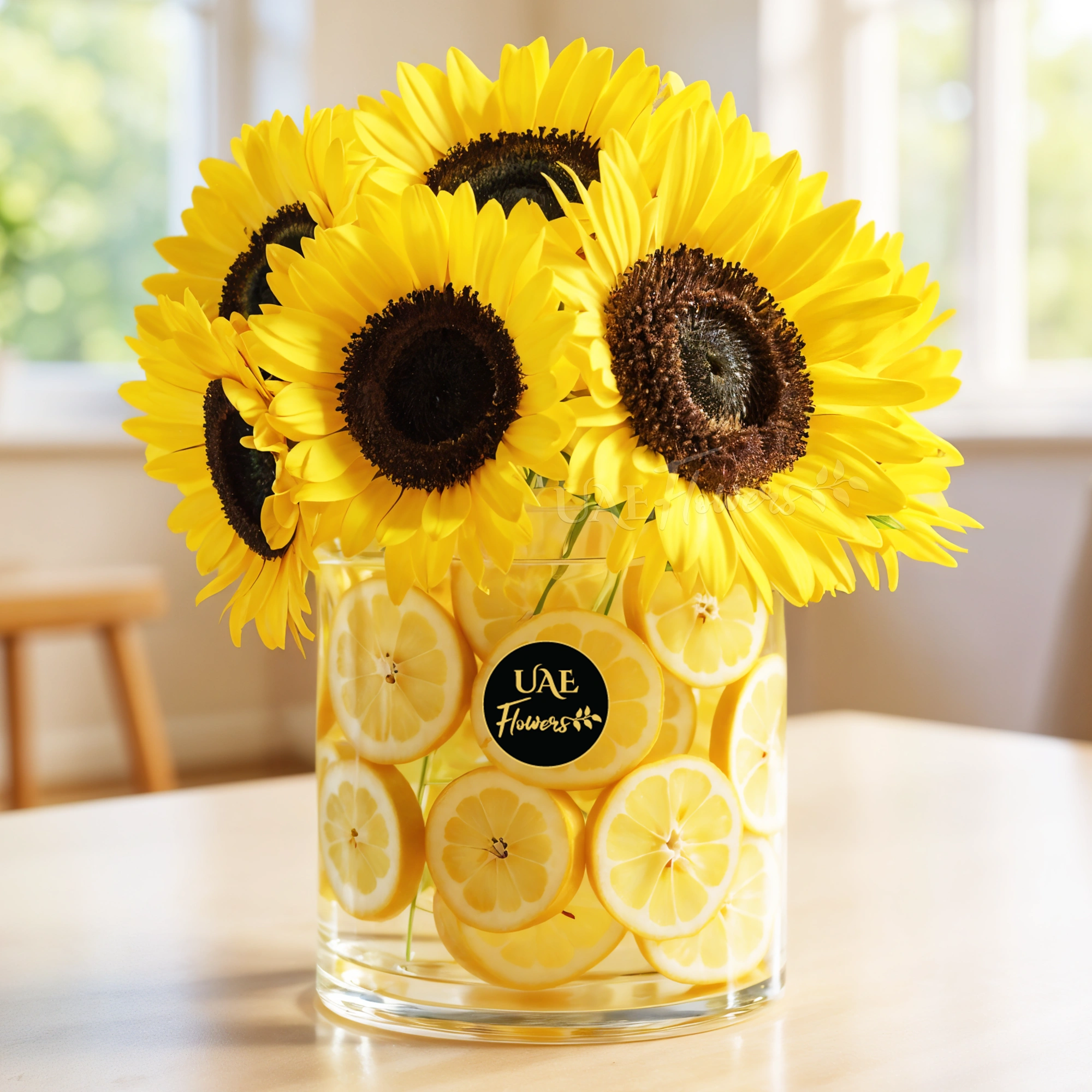 10 sunflowers & yellow lemons filled in a vase