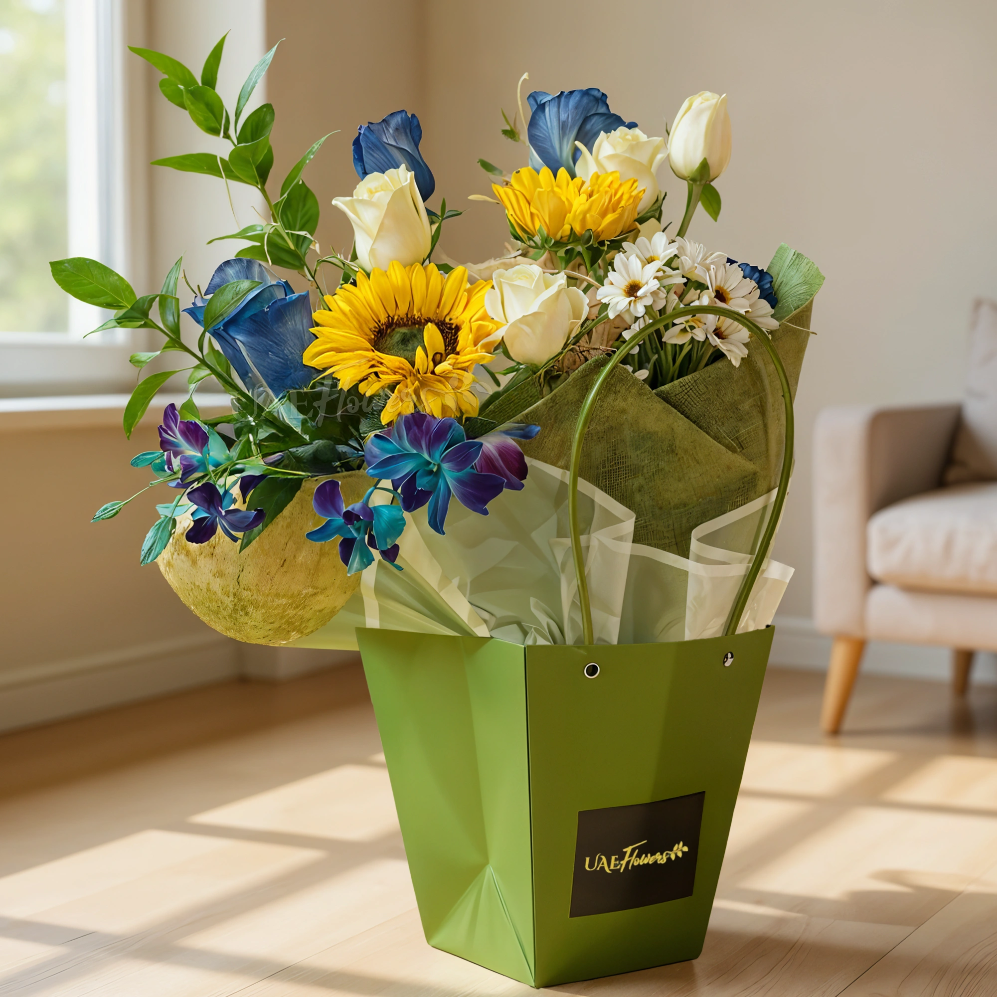 sunflowers, white and blue roses, blue orchids, white chrysanthemums