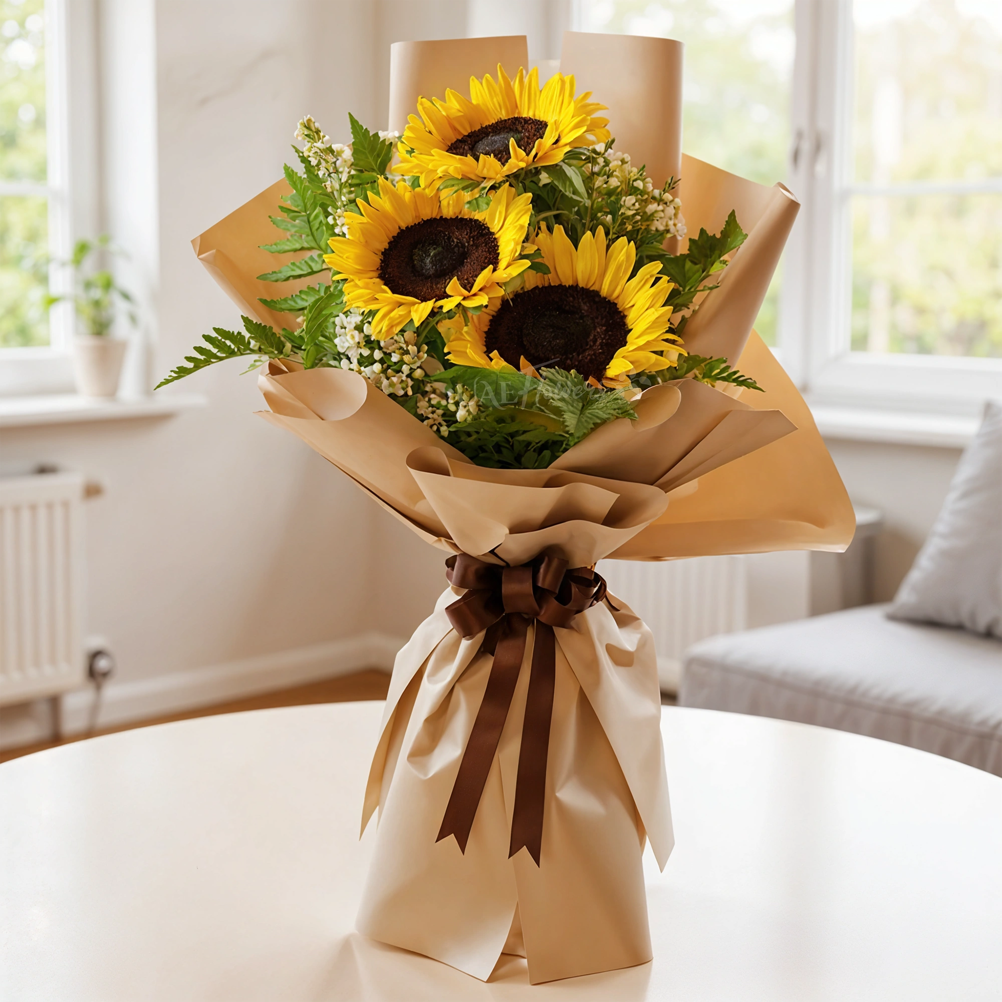 online bouquet of 3 sunflowers with green fillers