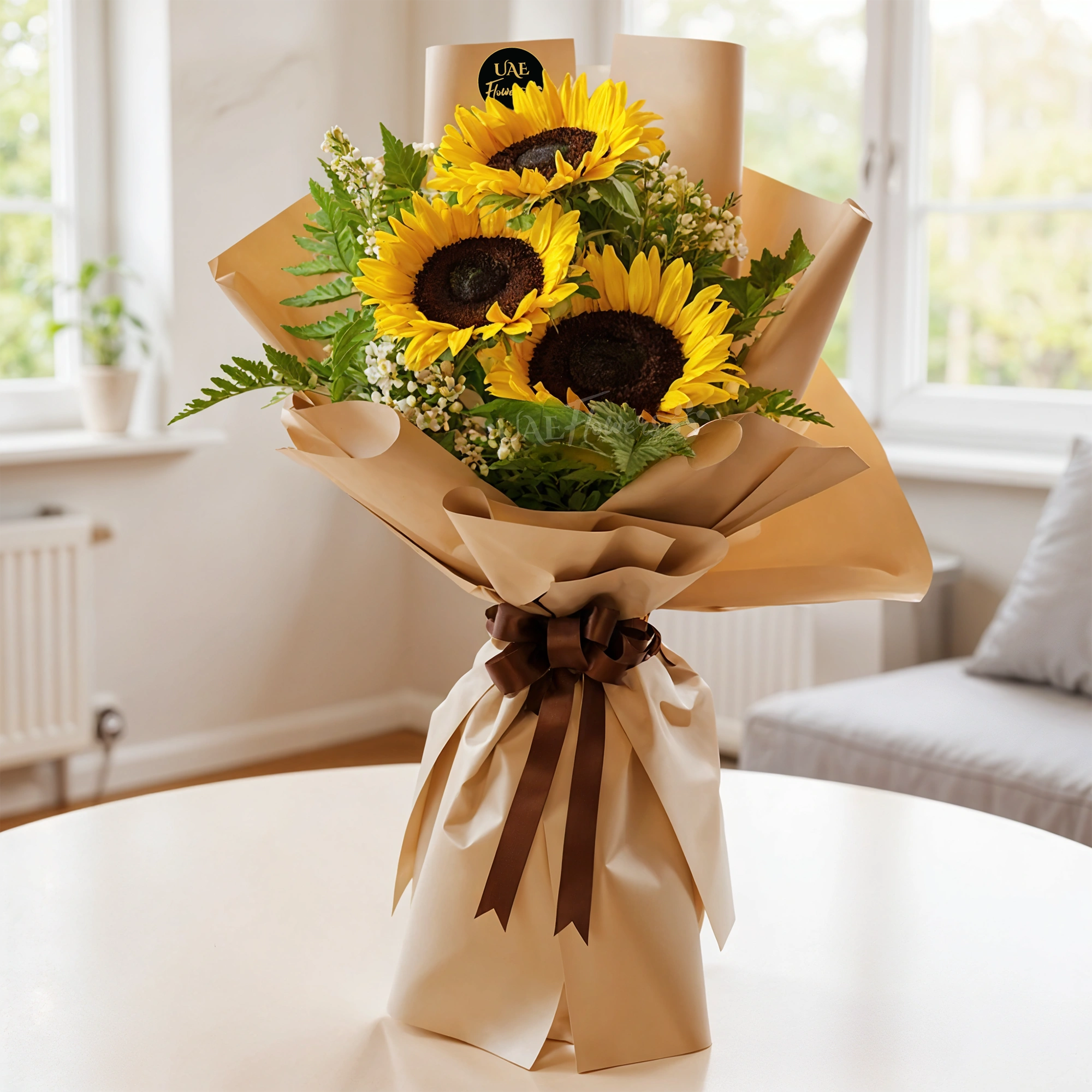 online bouquet of 3 sunflowers with green fillers