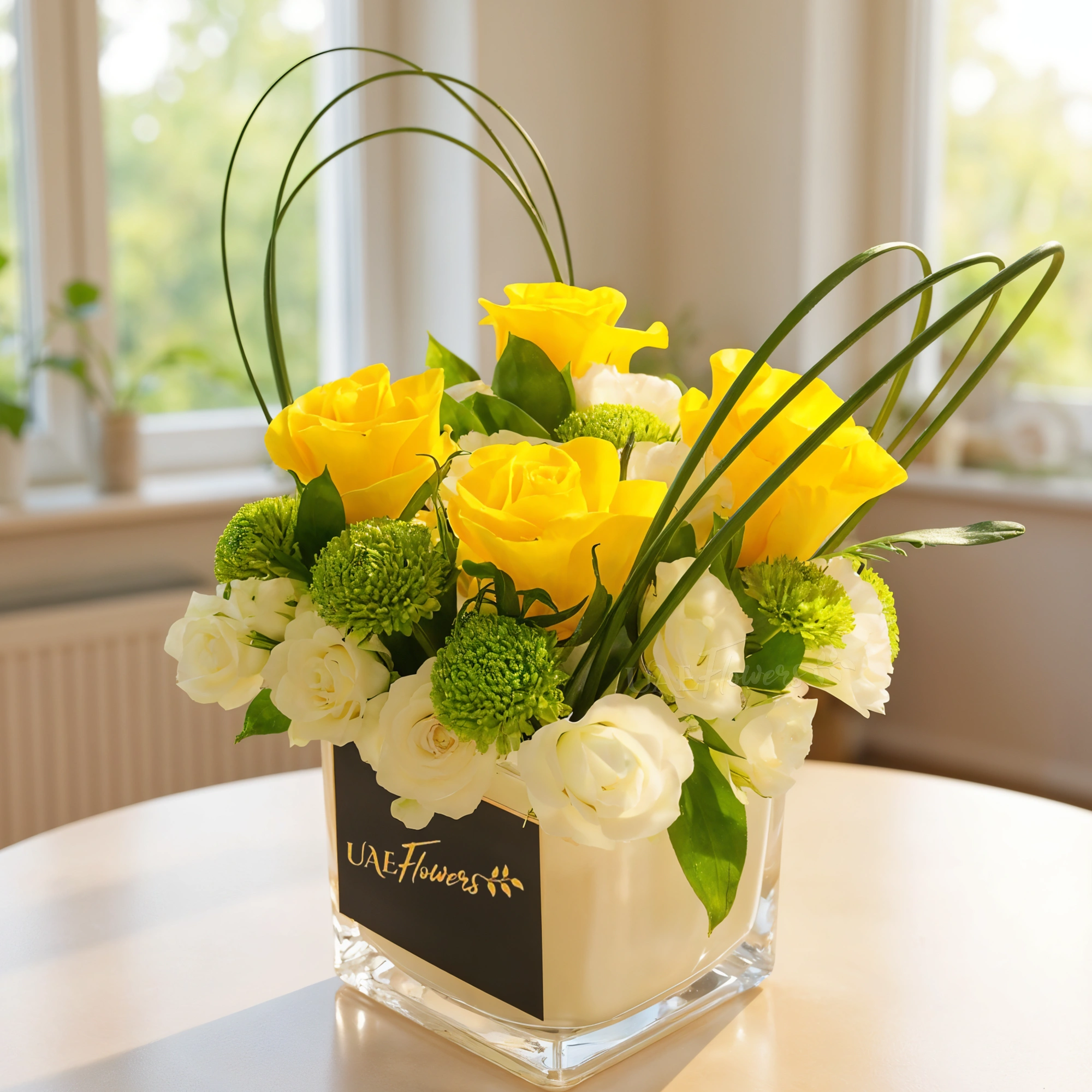 4 yellow roses, 2 white spray roses, 1 green chrysanthemum