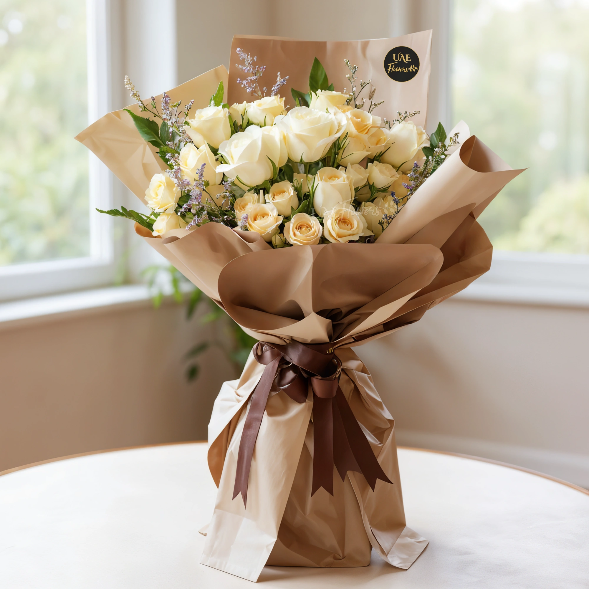 Bouquet of 8 white and peach roses with 2 peach spray roses and green fillers, wrapped in paper and tied with ribbons.