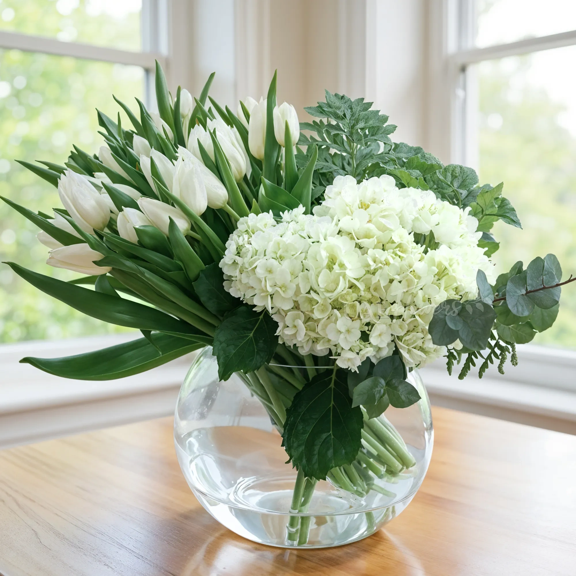 20 white tulips and 2 hydrangeas with green fillers in a vase