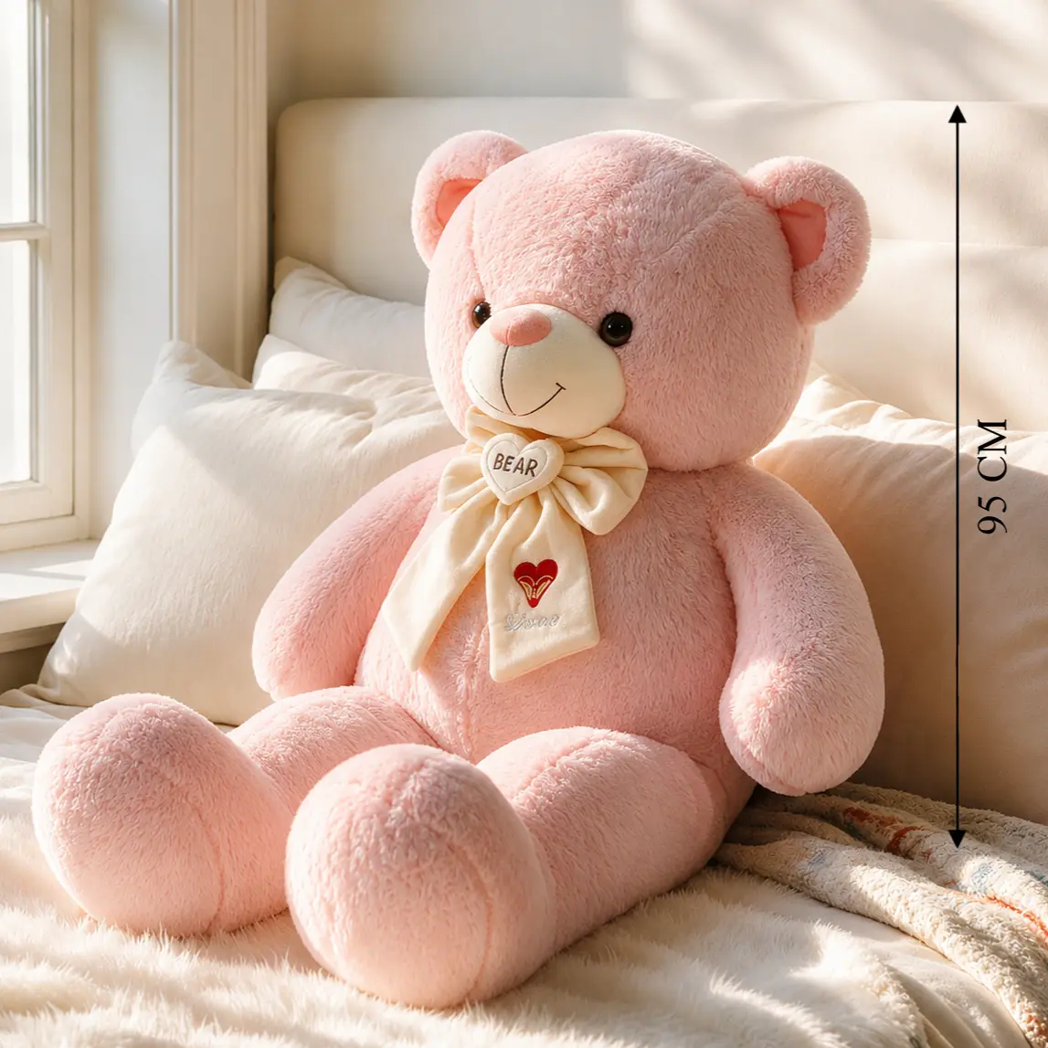 95 CM pink teddy bear sitting on a fluffy white rug next to decorative pillows, offering warm and cuddly hugs. Perfect for gifts, birthdays, anniversaries, or romantic surprises.