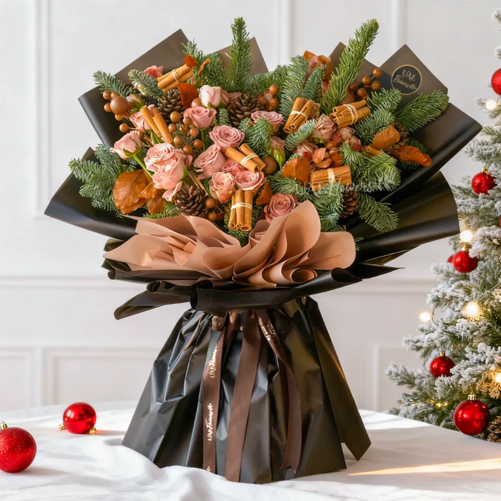 Festive Christmas bouquet with roses, cinnamon sticks, pinecones and winter greens