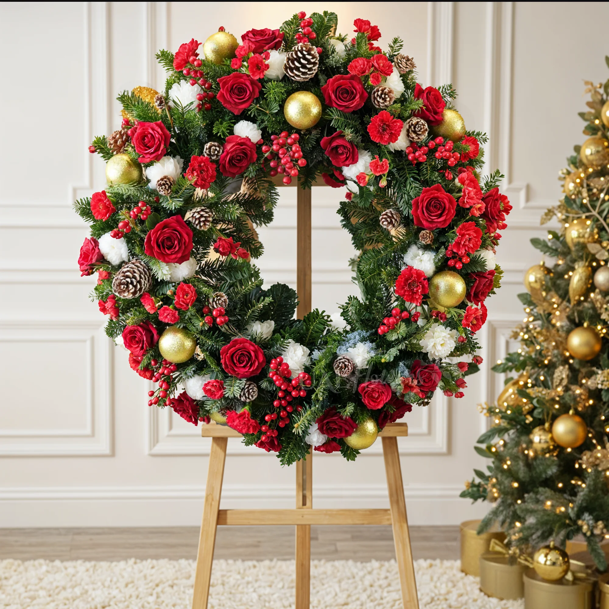 20 red roses, 25 carnations, pine leaves, pinecones, berries, and ornaments in a Christmas wreath