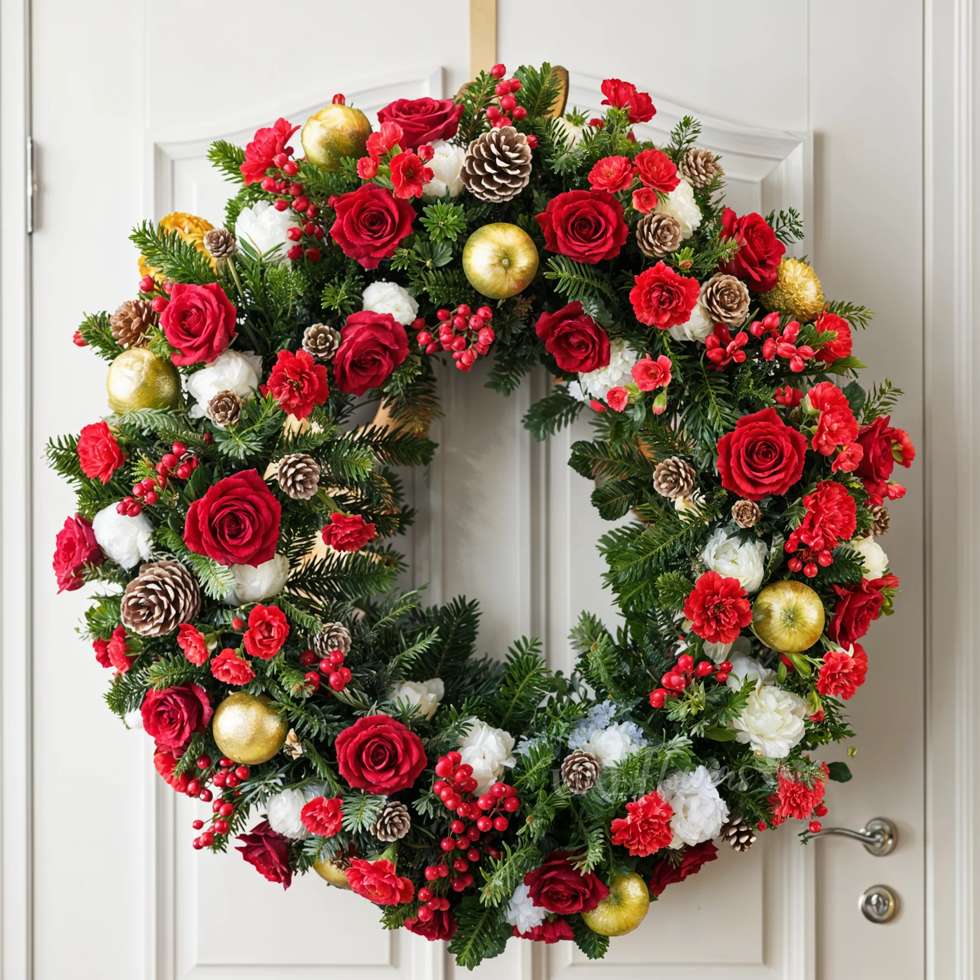 20 red roses, 25 carnations, pine leaves, pinecones, berries, and ornaments in a Christmas wreath