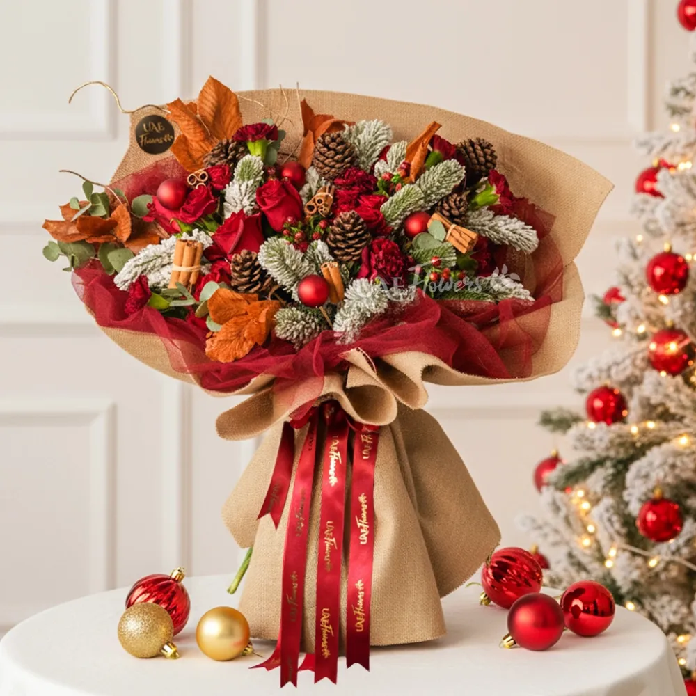 Classic Rustic Red & Snowy Pine Bouquet