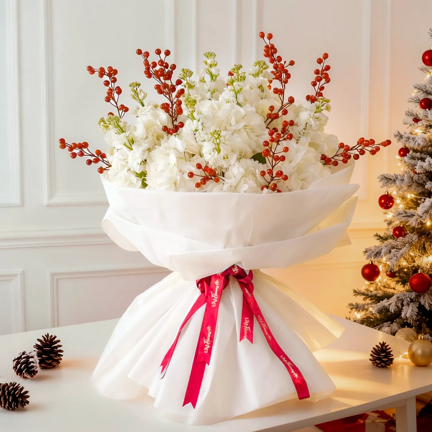 White Xmas Bouquet with Red Berries