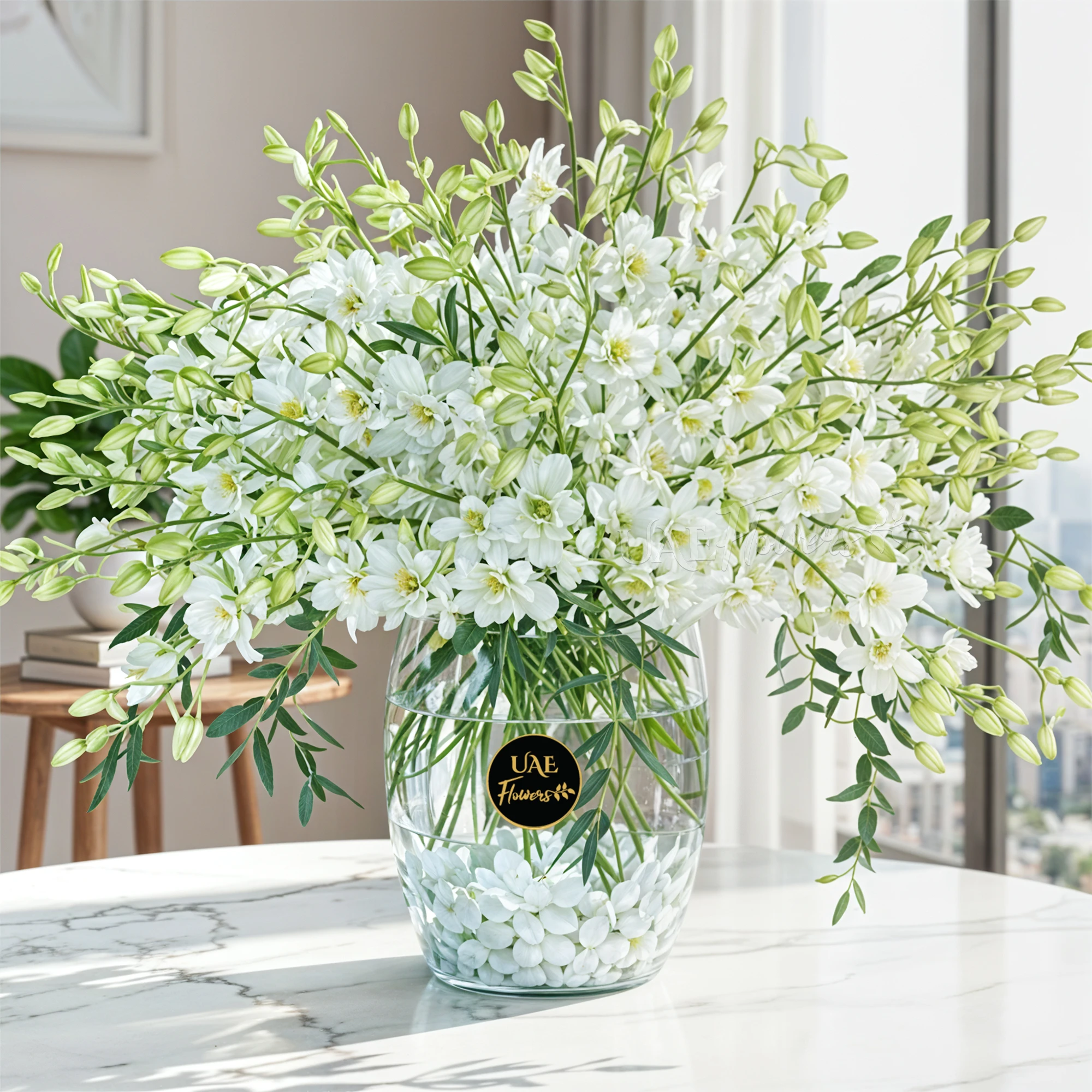 Glass vase with 40 white orchids, symbolizing purity and elegance, perfect for gifting or enhancing any home or office space.