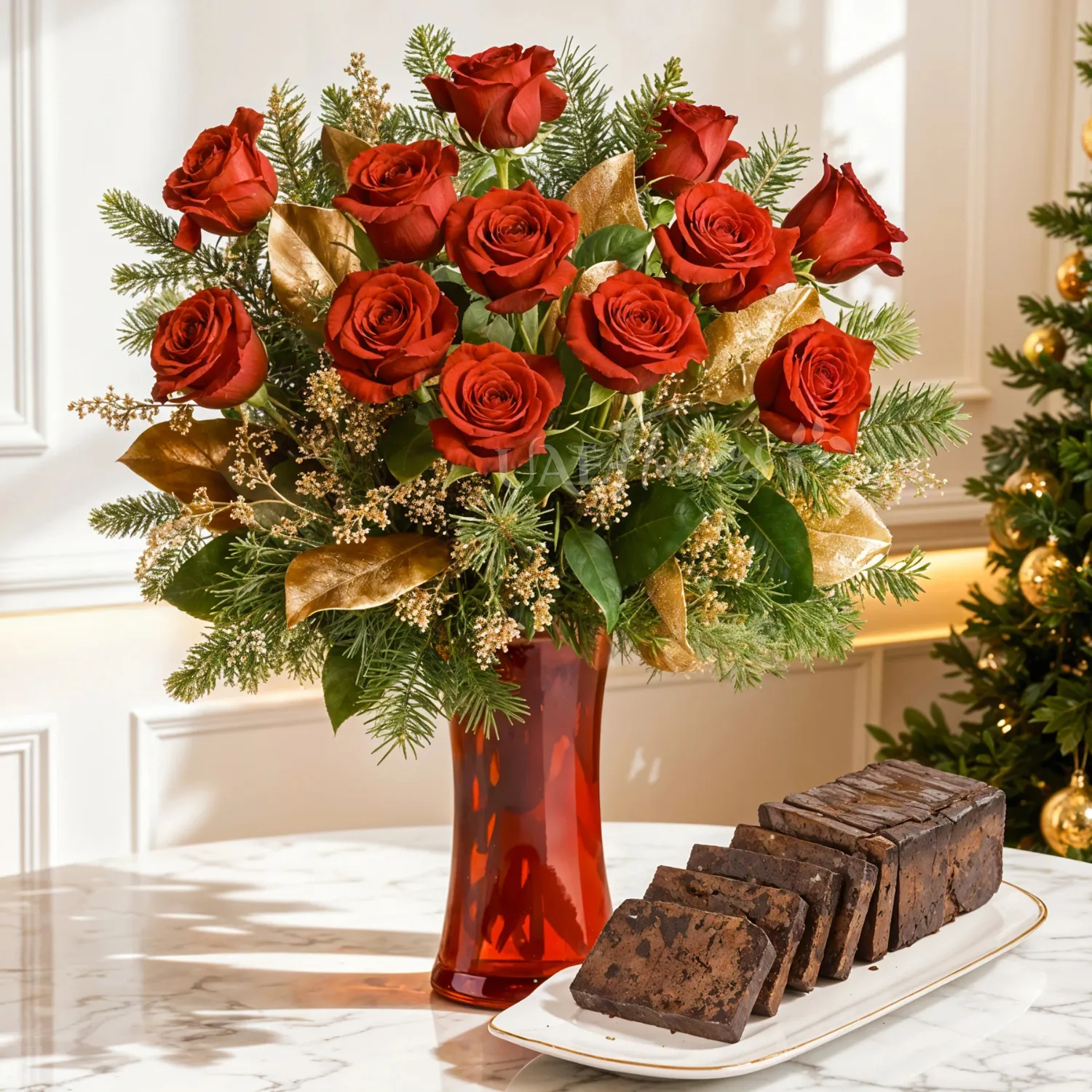12 beautiful rose blossoms mixed with eucalyptus & golden fir branches in a radiantly red glass vase, accompanied by a 500 gms plum cake