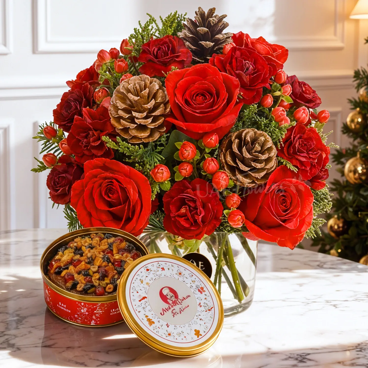 6 red roses, 8 red carnations, pinecones, and red cherries with fillers in a glass vase & premium plum cake