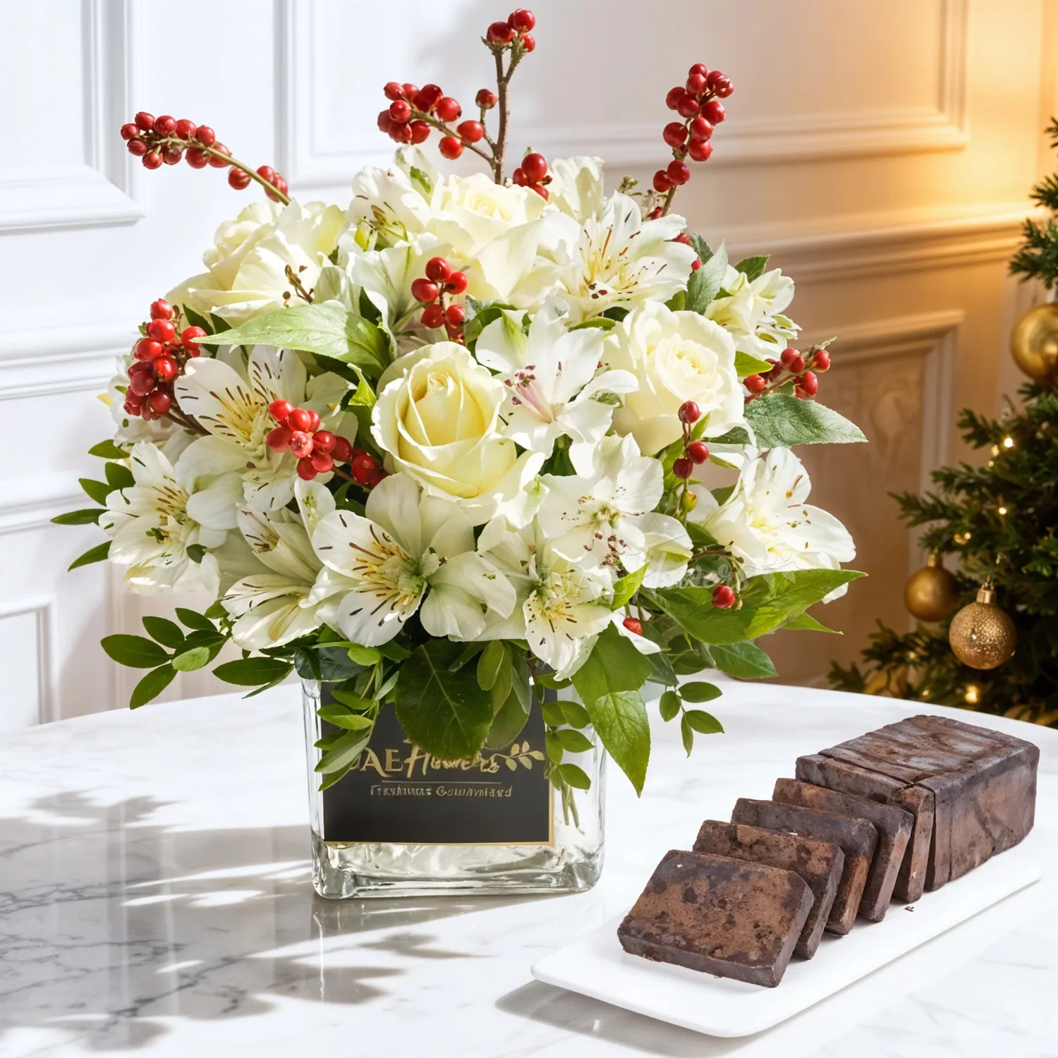 4 white roses, 6 white alstroemeria & 3 red berries in a square glass vase & 500 gms plum cake