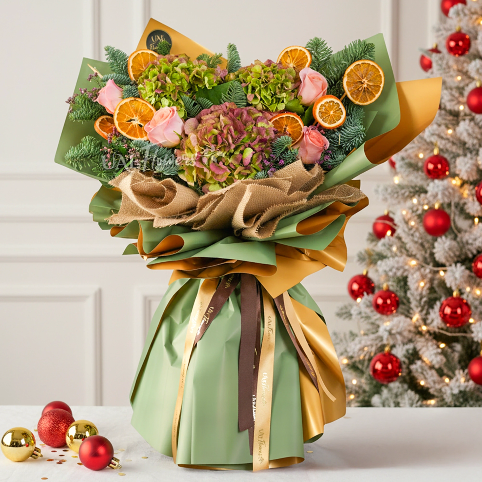 Rustic Citrus & Rose Xmas Bouquet