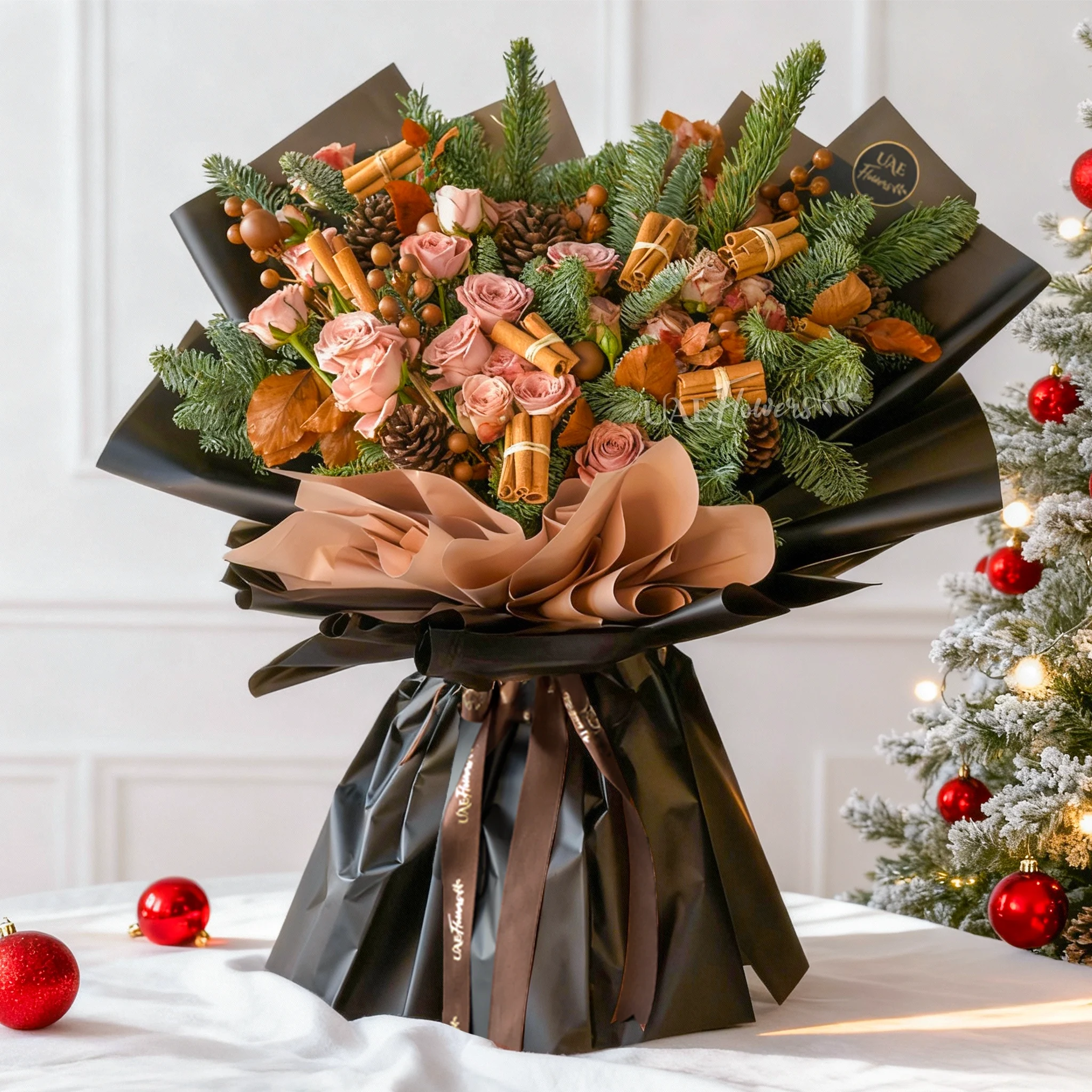 Festive Christmas bouquet with roses, cinnamon sticks, pinecones and winter greens