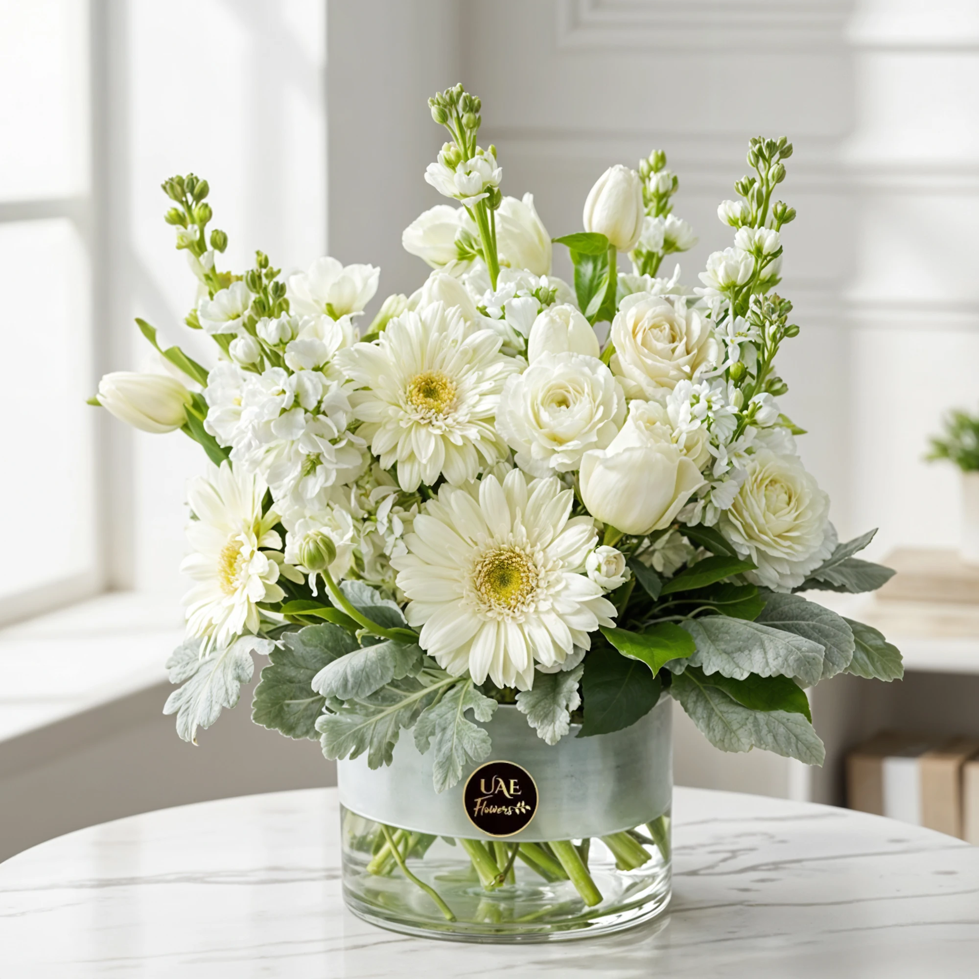 5 white gerberas, 10 white roses, 10 white tulips, 7 white matthiola flower & fillers in a glass vase